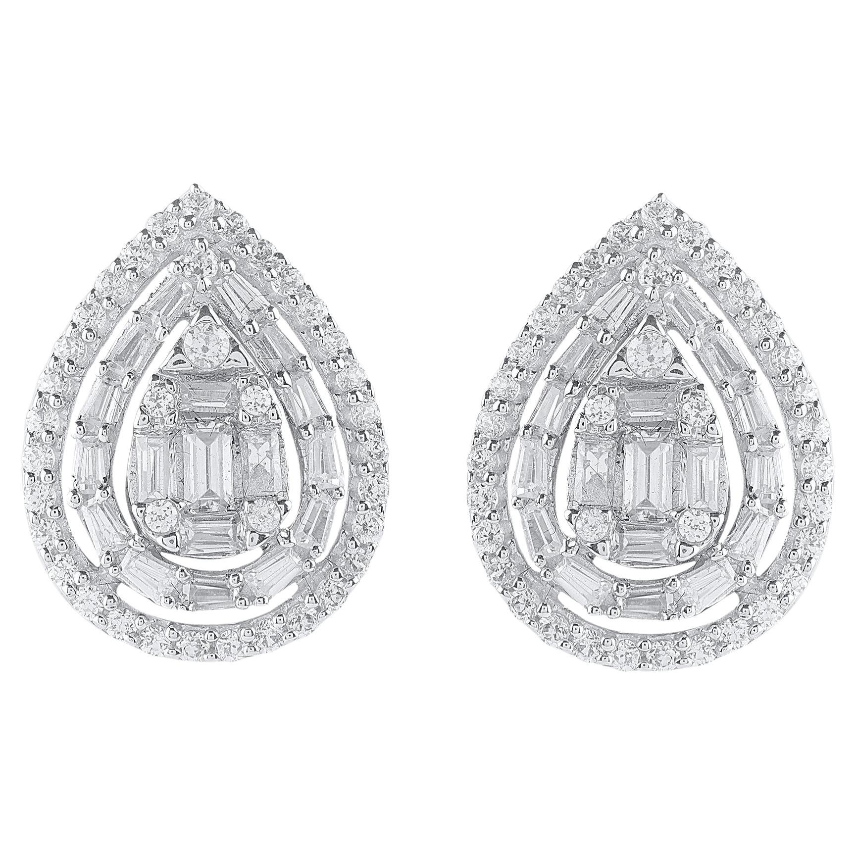 Timeless and elegant, these diamond drop stud earrings go from day to night with ease. This earring is beautifully designed and studded with 110 natural brilliant cut round diamond and baguette diamond set in prong & channel setting. The total