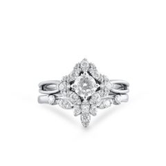 TJD 1.0 Carat Diamond 14K White Gold Vintage-Style Bridal Ring Set