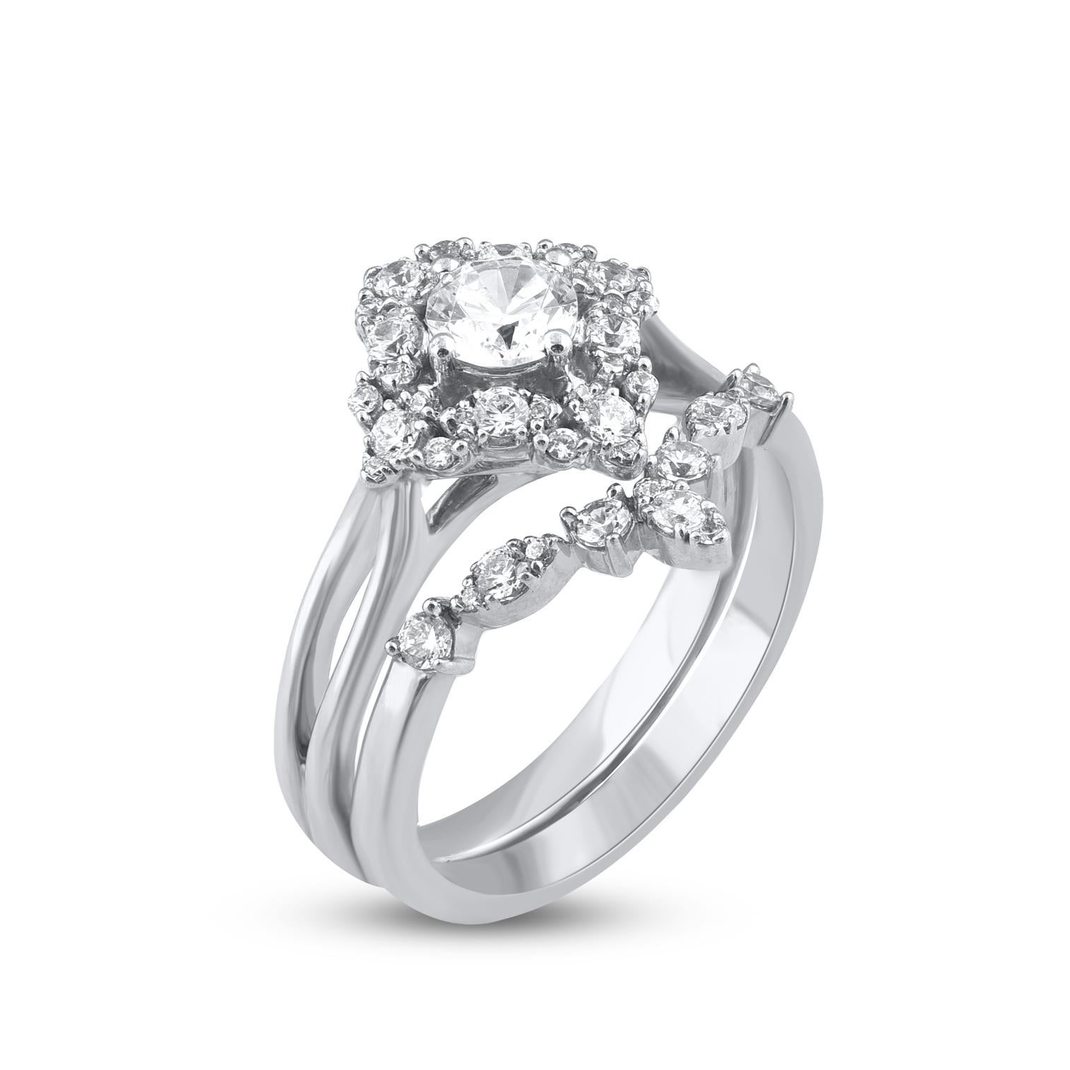 Contemporary TJD 1.0 Carat Natural Diamond 14 Karat White Gold Vintage Style Bridal Ring Set For Sale