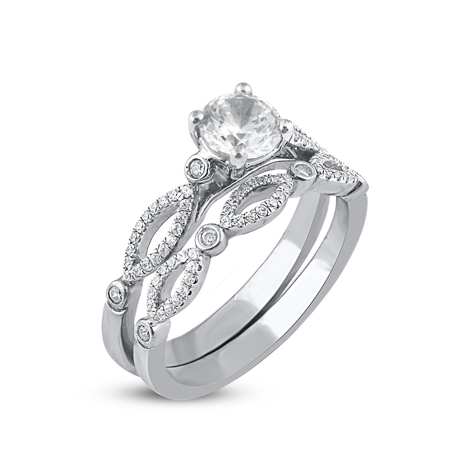 Contemporain Ensemble de bague de mariage de style vintage en or blanc 14 carats avec diamants naturels de 1,0 carat TJD en vente