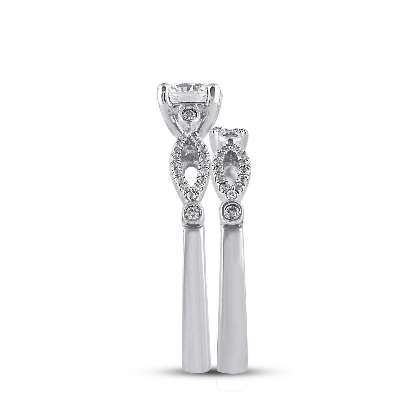 Taille ronde Ensemble de bague de mariage de style vintage en or blanc 14 carats avec diamants naturels de 1,0 carat TJD en vente