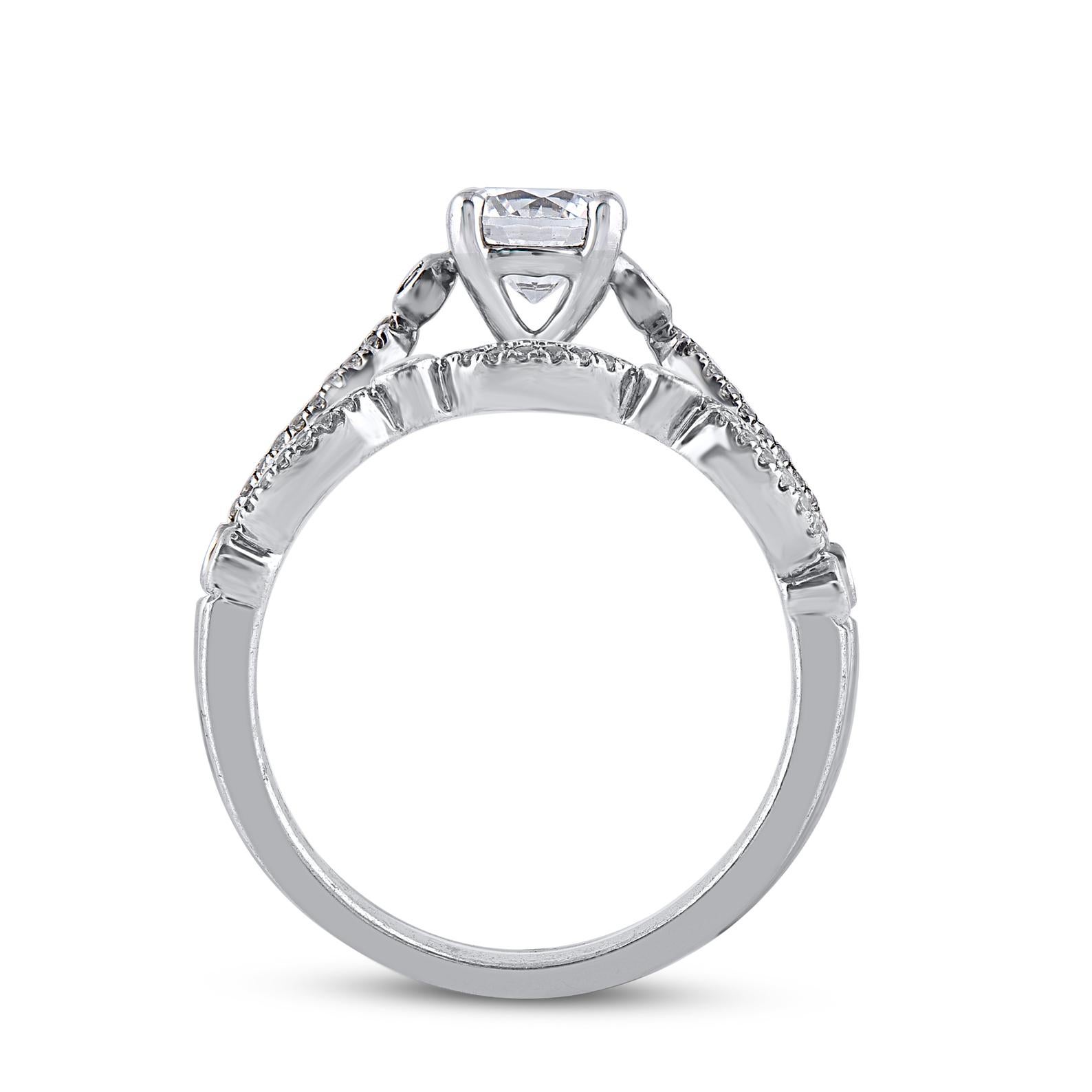 Round Cut TJD 1.0 Carat Natural Diamond 14 Karat White Gold Vintage Style Bridal Ring Set For Sale
