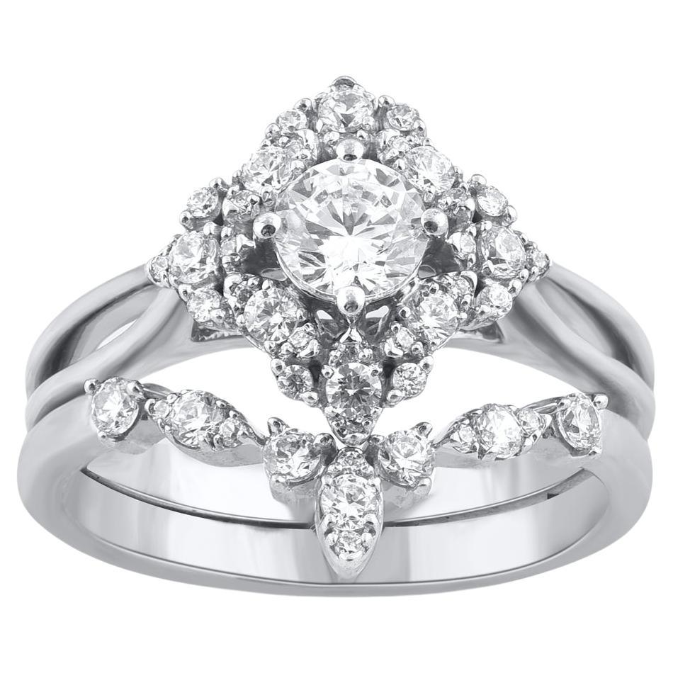 TJD 1.0 Carat Natural Diamond 14 Karat White Gold Vintage Style Bridal Ring Set For Sale