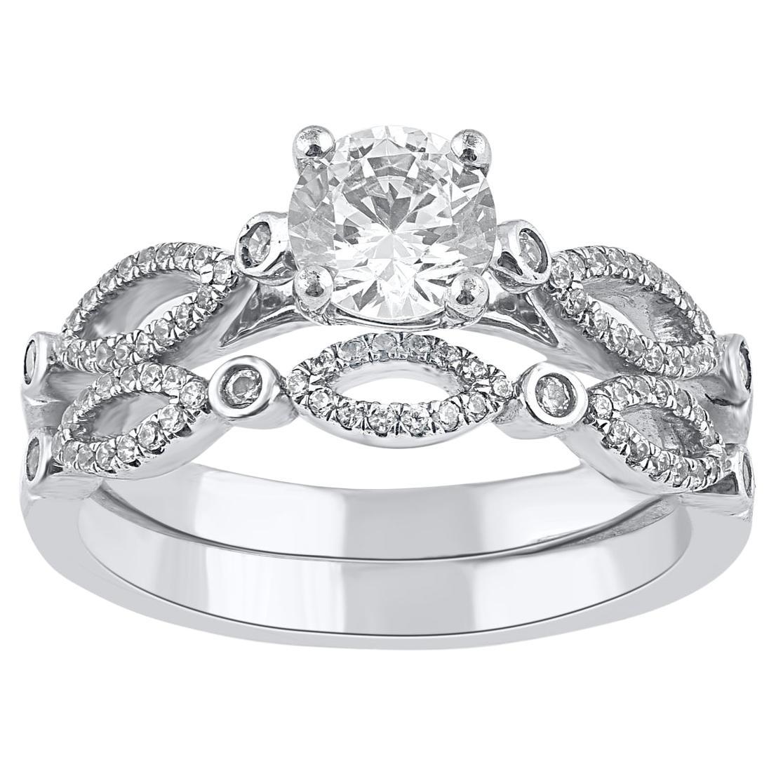 TJD 1.0 Carat Natural Diamond 14 Karat White Gold Vintage Style Bridal Ring Set