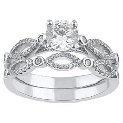 TJD 1.0 Quilate Diamante Natural Oro Blanco 14 Kilates Conjunto de Anillo de Novia Estilo Vintage