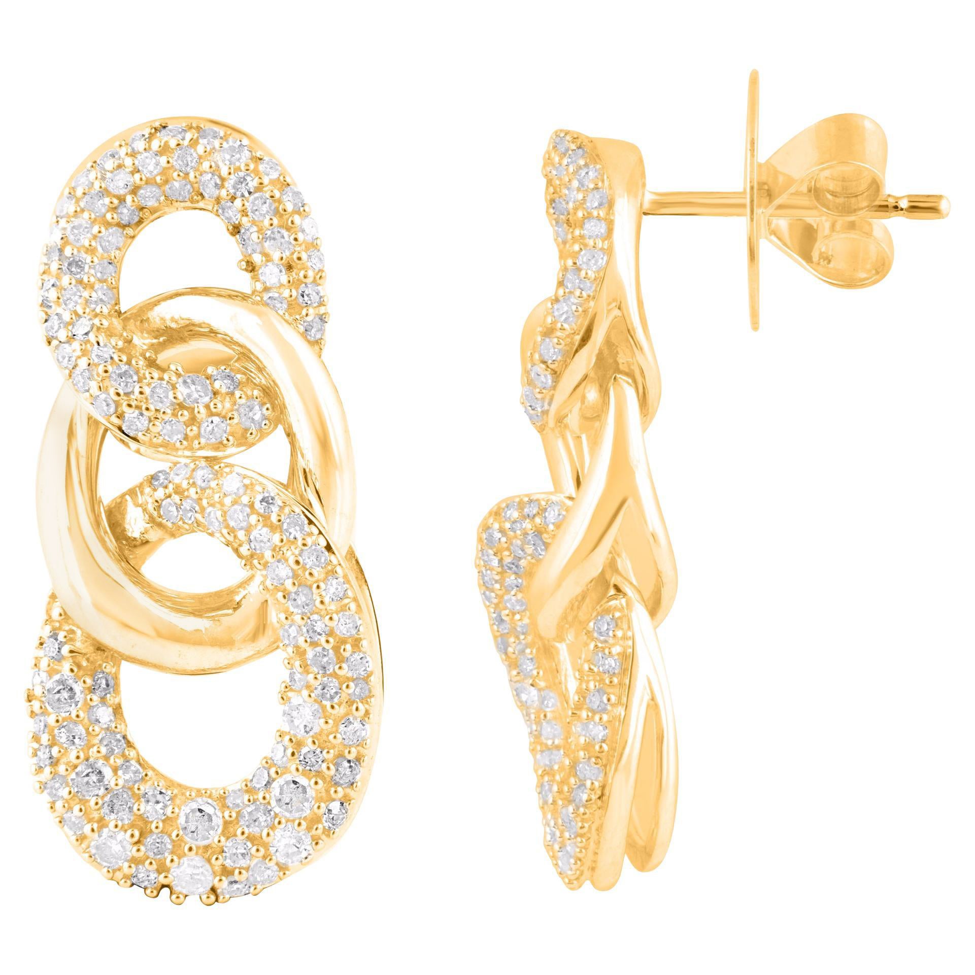 TJD 1.0 Carat Natural Diamond 14 Karat Yellow Gold Interlink Dangle Earrings