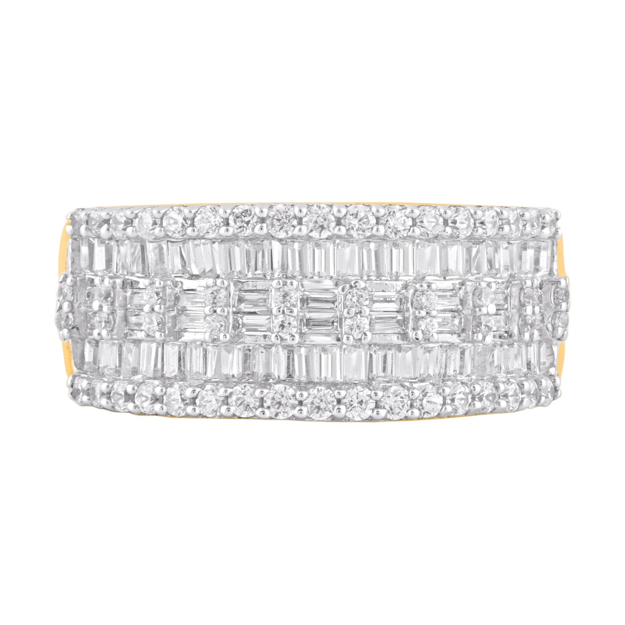 Complete your bridal look with a timeless design. These wedding band rings are studded with 118 brilliant cut, single cut & baguette cut natural diamonds in prong and channel setting and crafted in 14 Karat yellow gold. The total diamond weight is