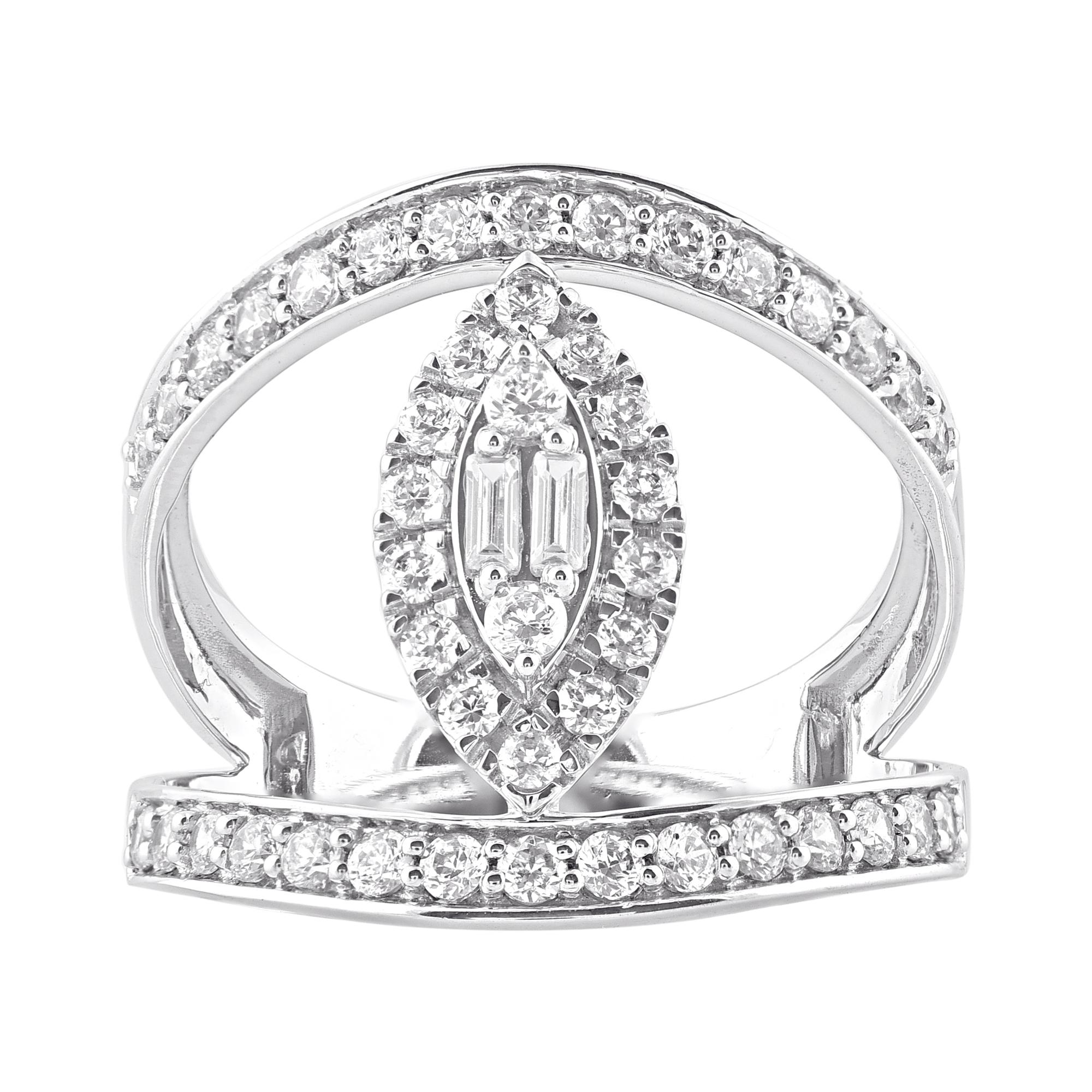 Express your love for her in the most classic way with this engagement ring. Beautifully crafted by our inhouse experts in 14 karat white gold and embellished with 48 brilliant cut & baguette cut diamond set in prong and pave setting. Total diamond