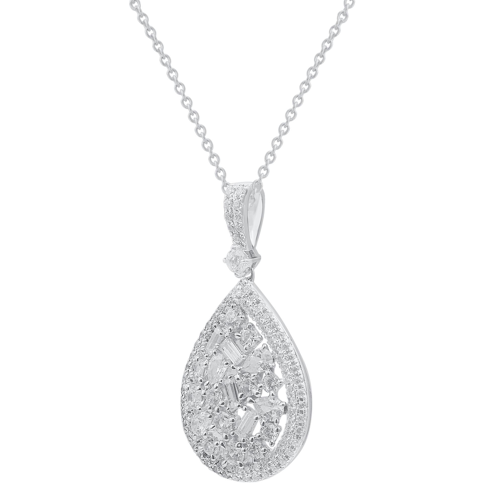 Top off your casual or dressy look with this splendid diamond pendant. These teardrop pendant are studded with 113 pcs Pear, Baguette, Brilliant Cut natural diamonds in prong setting in 14Kt white gold. Total diamond weight is 1.0 carat. Diamonds