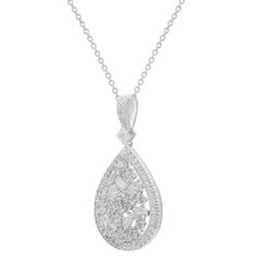 TJD 1.0 Carat Natural Diamond 14KT White Gold Fashion Teardrop Pendant Necklace