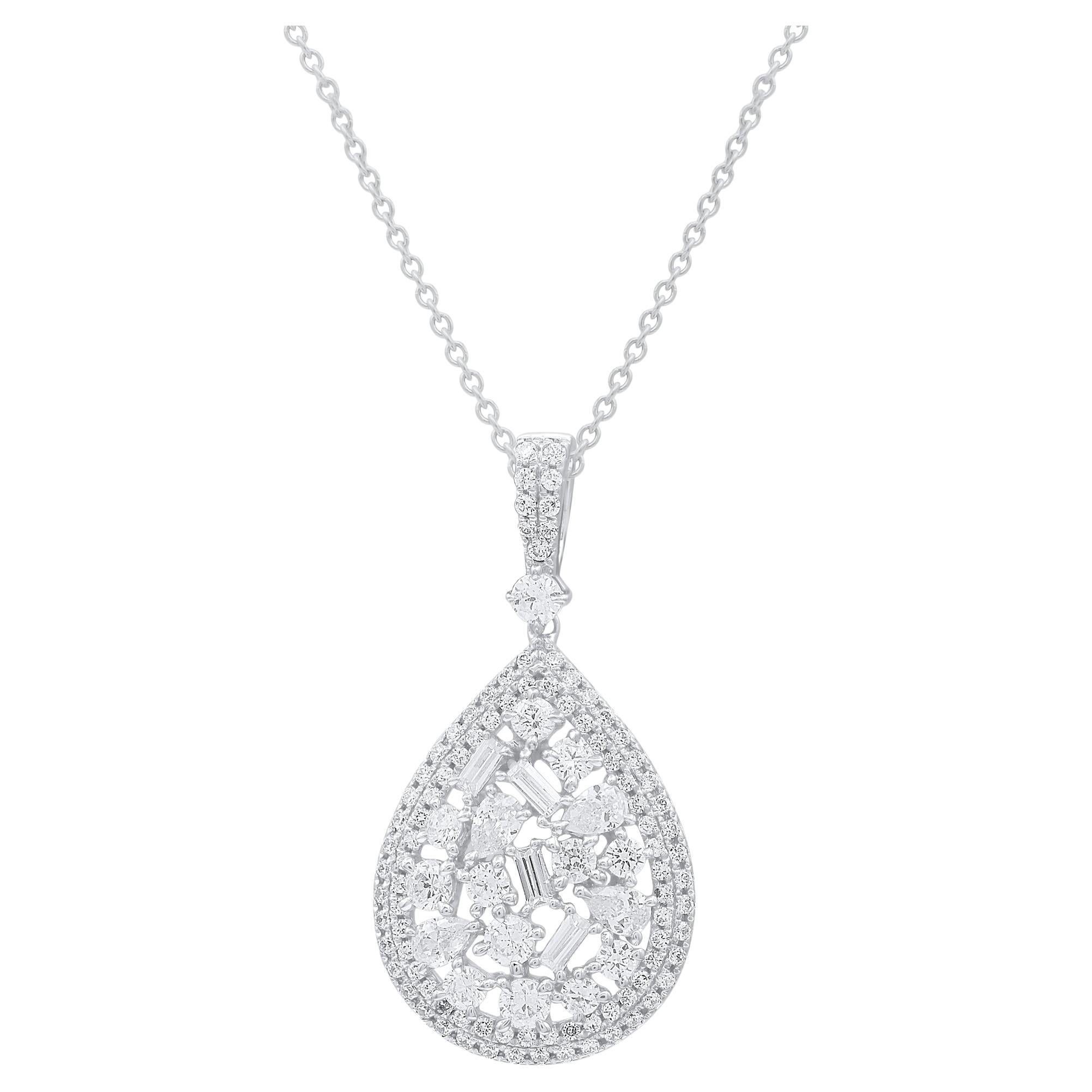 TJD 1.0 Carat Natural Diamond 14KT White Gold Fashion Teardrop Pendant Necklace For Sale