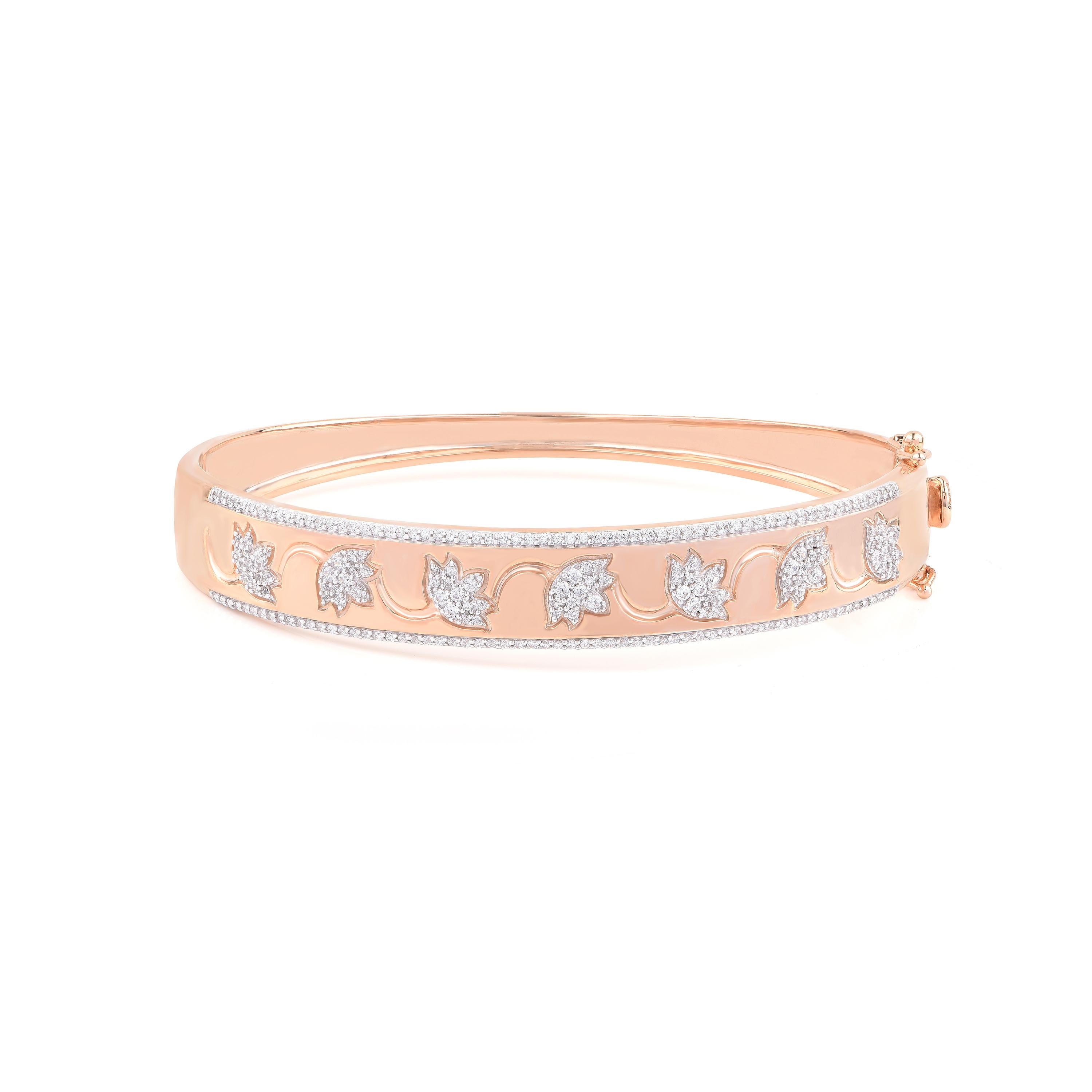 Taille ronde Bracelet jonc lotus à charnière en or rose 18 carats avec diamants naturels de 1,0 carat TJD en vente