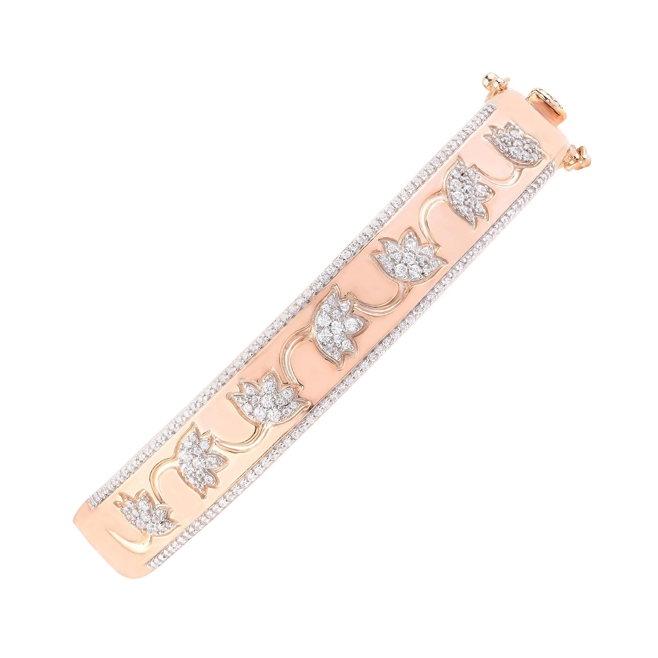 TJD 1.0 Carat Natural Diamond 18 Karat Rose Gold Designer Lotus Hinged Bangle en vente