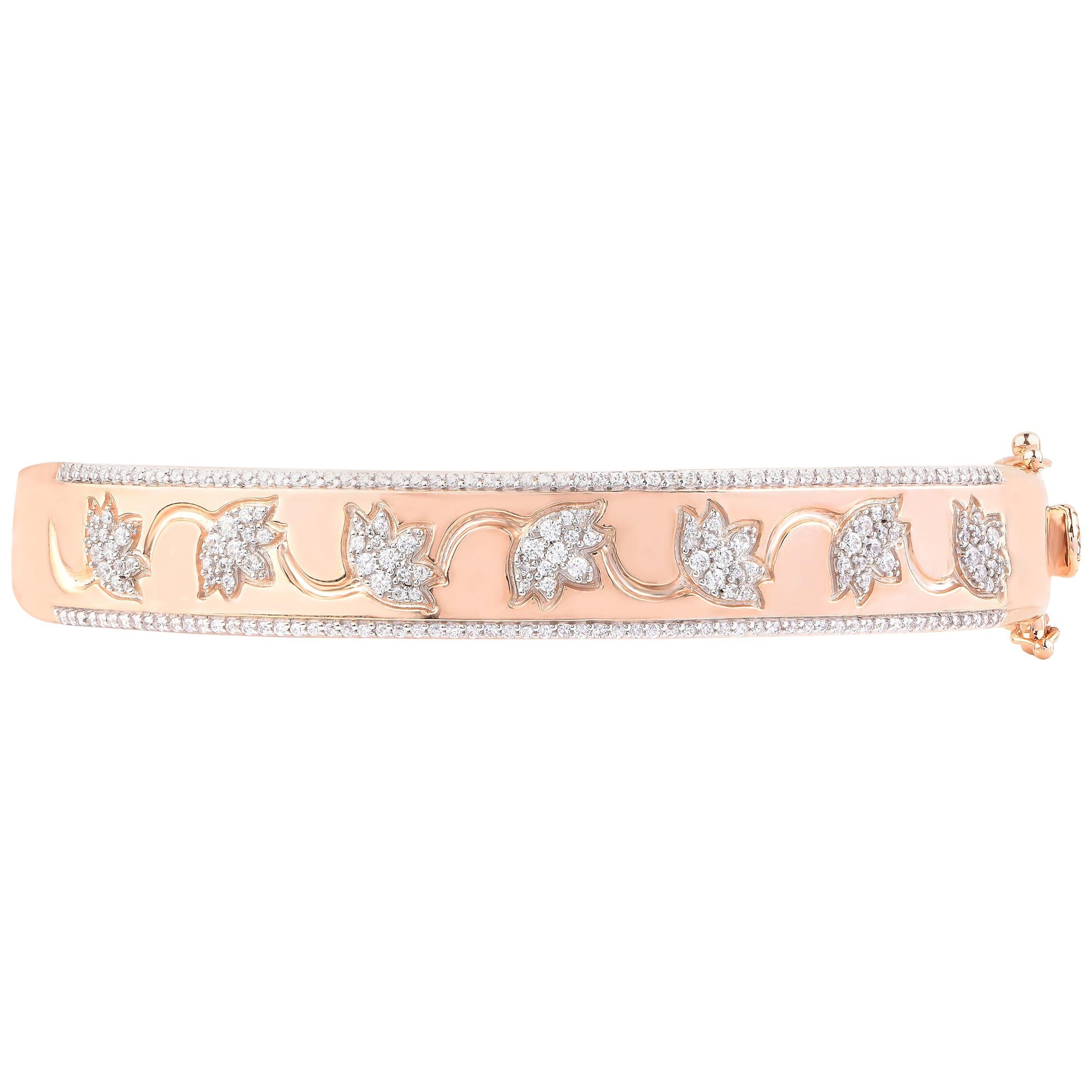 TJD 1.0 Carat Natural Diamond 18 Karat Rose Gold Designer Lotus Hinged Bangle