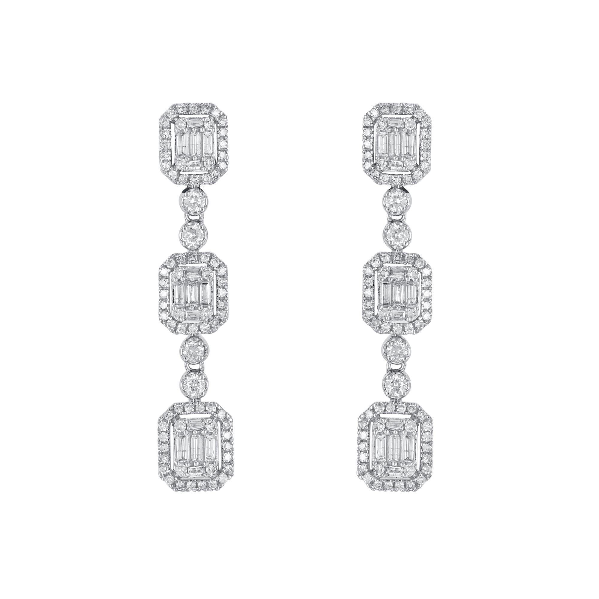 These shimmering and striking diamond stud earrings are perfect for yourself or for gifting to someone special. 
Crafted in 14 karat white gold, earring is filled with 186 brilliant cut, Single cut round diamonds & baguette diamonds in prong and