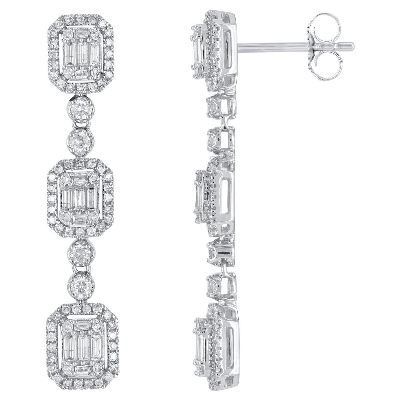 TJD 1.0 Carat Natural Diamond Dangle Earrings in 14 Karat White Gold For Sale