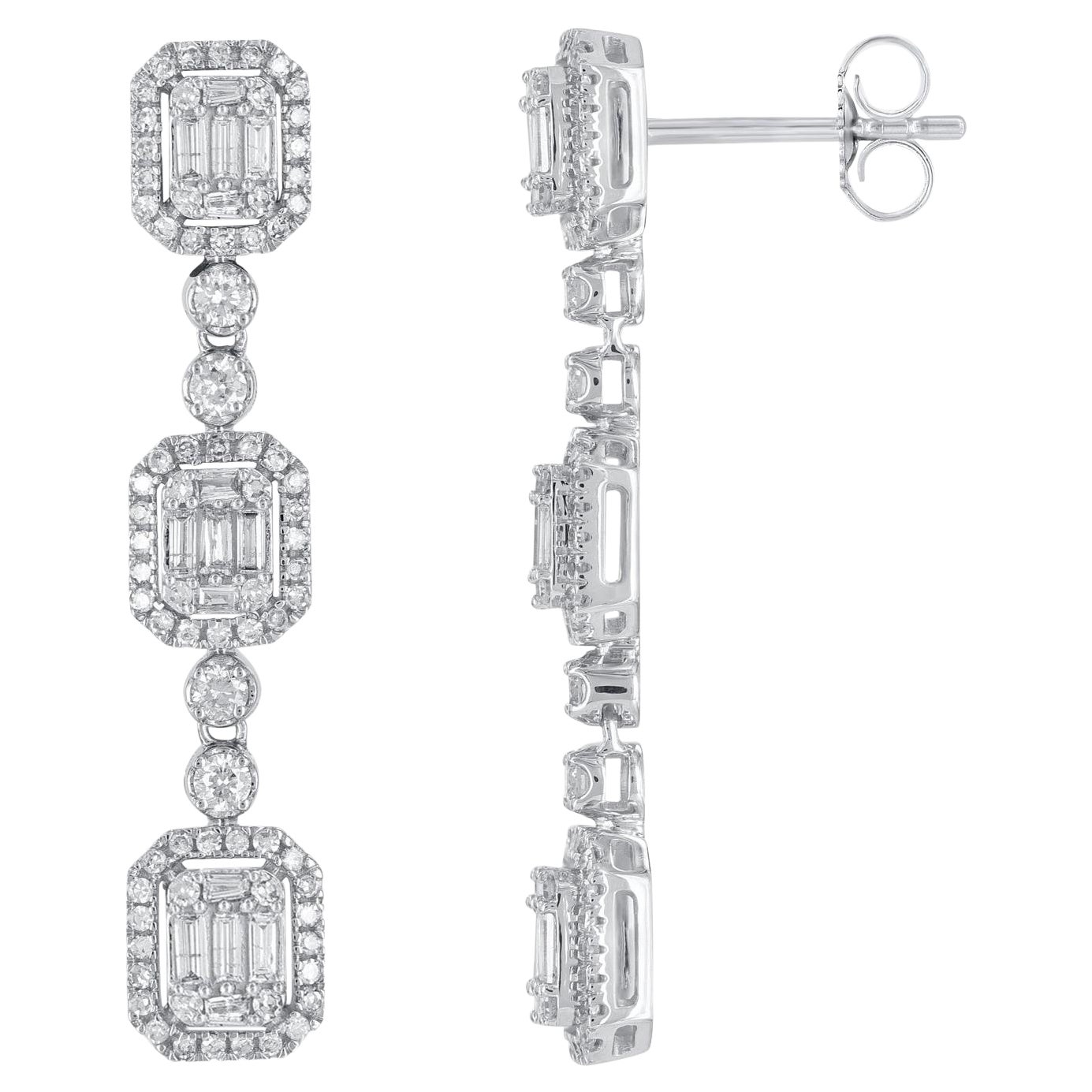 TJD 1.0 Carat Natural Diamond Dangle Earrings in 18 Karat White Gold