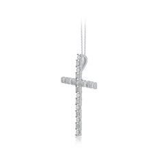TJD 1.0 Carat Natural Round and Baguette Diamond 14KT White Gold Cross Pendant