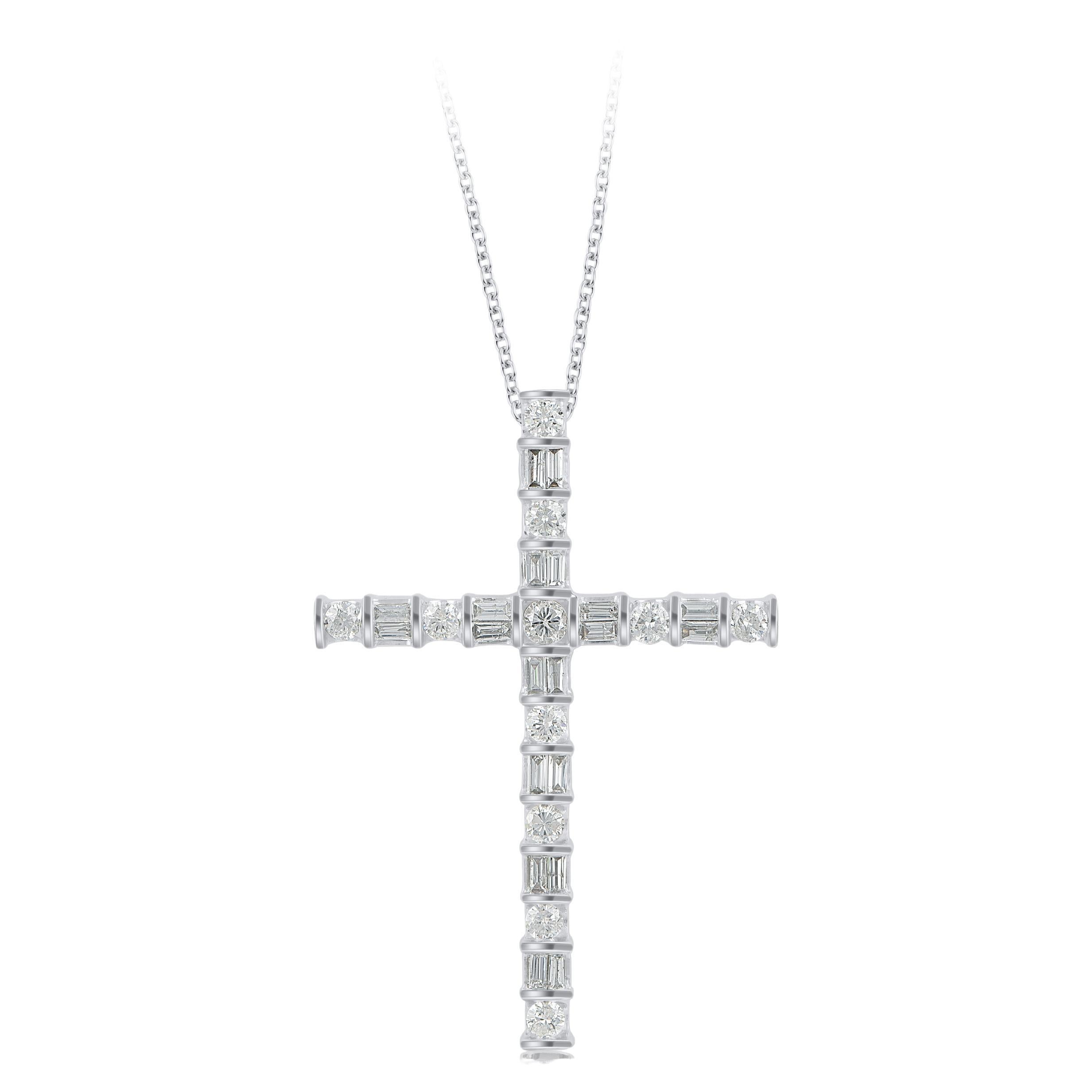 TJD 1.0 Carat Natural Round and Baguette Diamond 14KT White Gold Cross Pendant For Sale