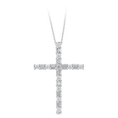 TJD 1.0 Carat Natural Round and Baguette Diamond 14KT White Gold Cross Pendant