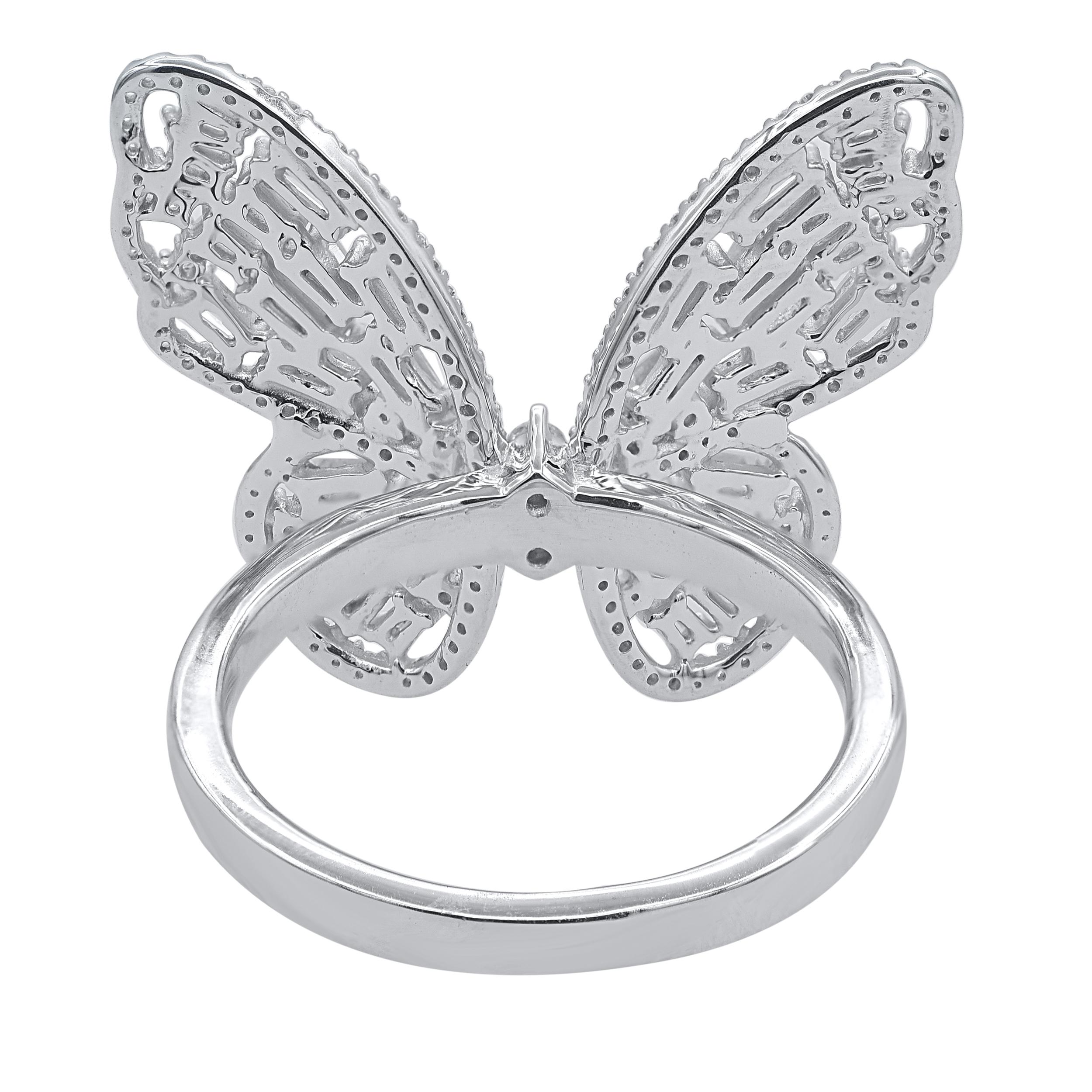 Modern TJD 1.0 Carat Natural Round & Baguette Diamond 14Karat White Gold Butterfly Ring For Sale