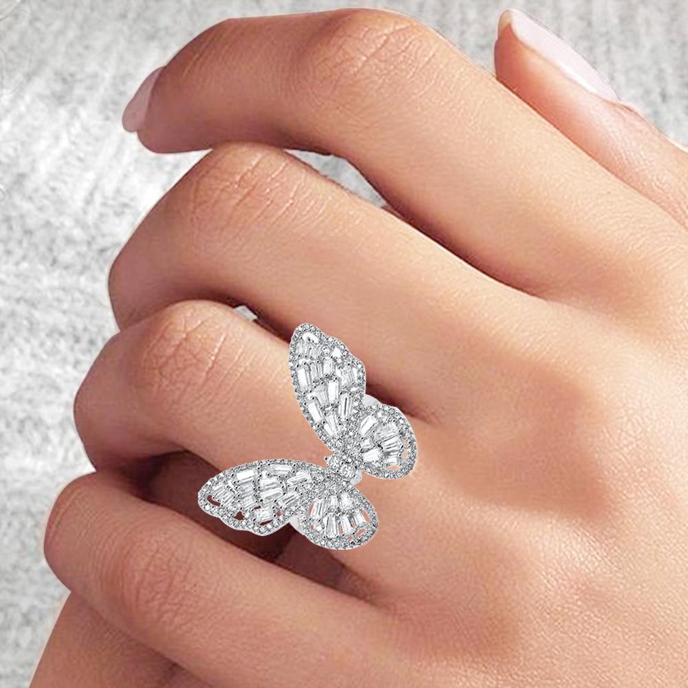 TJD Anillo mariposa de oro blanco de 14 quilates con diamantes redondos y baguette naturales de 1,0 quilates Corte redondo en venta