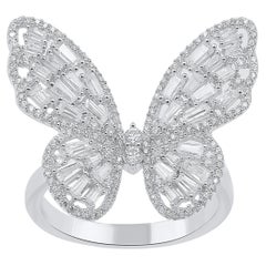TJD 1.0 Carat Natural Round & Baguette Diamond 14Karat White Gold Butterfly Ring