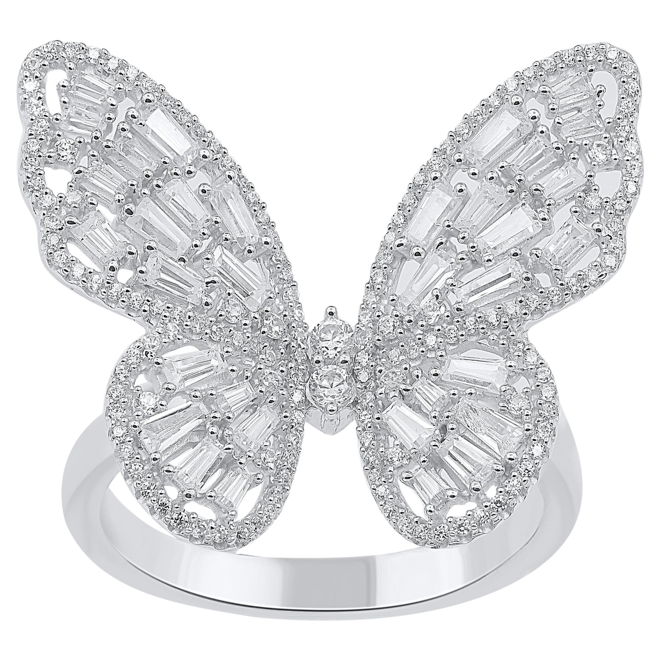 TJD Anillo mariposa de oro blanco de 14 quilates con diamantes redondos y baguette naturales de 1,0 quilates en venta