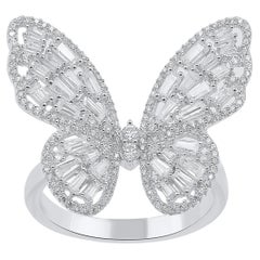 TJD Anillo mariposa de oro blanco de 14 quilates con diamantes redondos y baguette naturales de 1,0 quilates