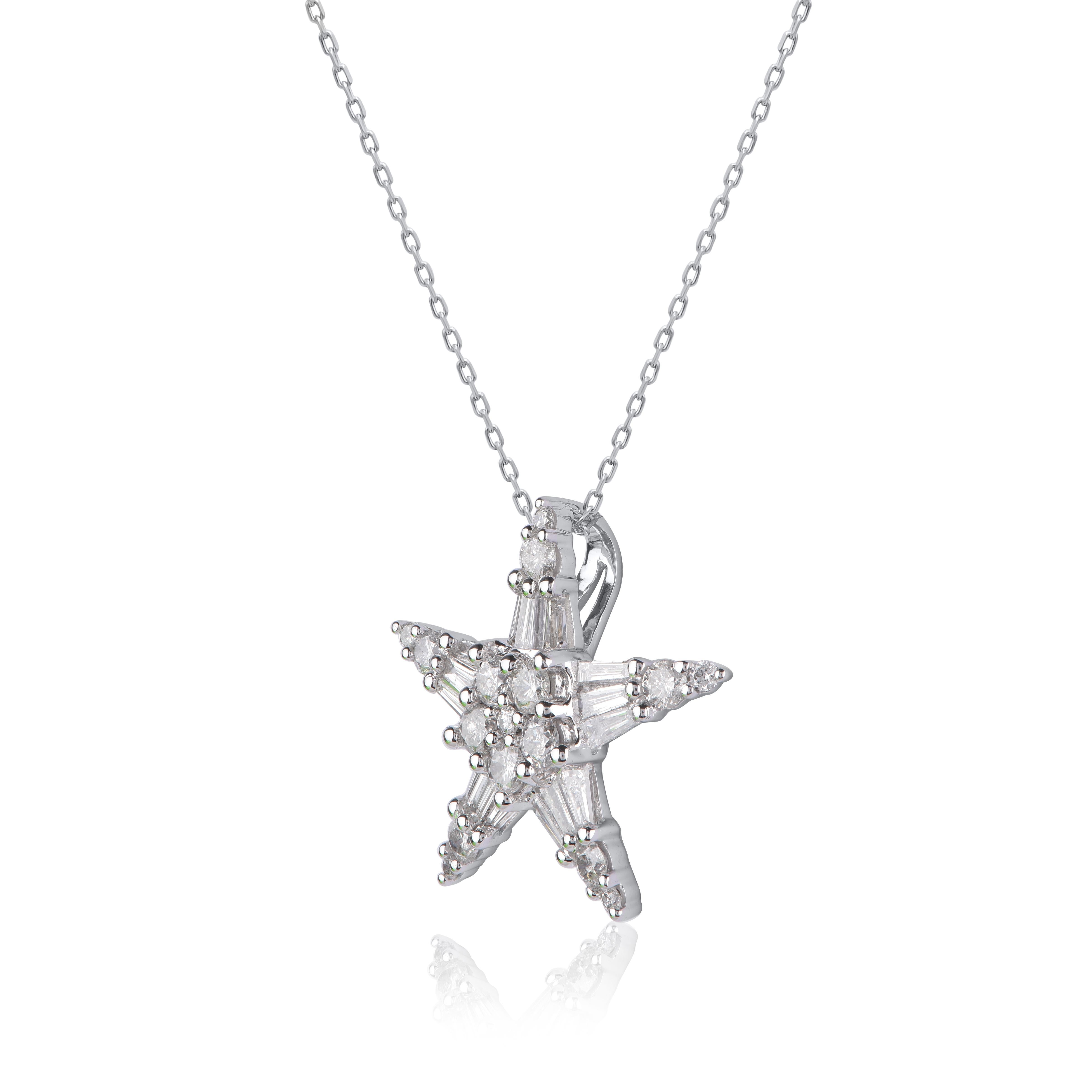 Bring the dazzle to your attire with this diamond star pendant. This star pendant is crafted from 14-karat white gold and features 31 brilliant cut and baguette diamonds set in prong setting. H-I color I2 clarity and a high polish finish complete