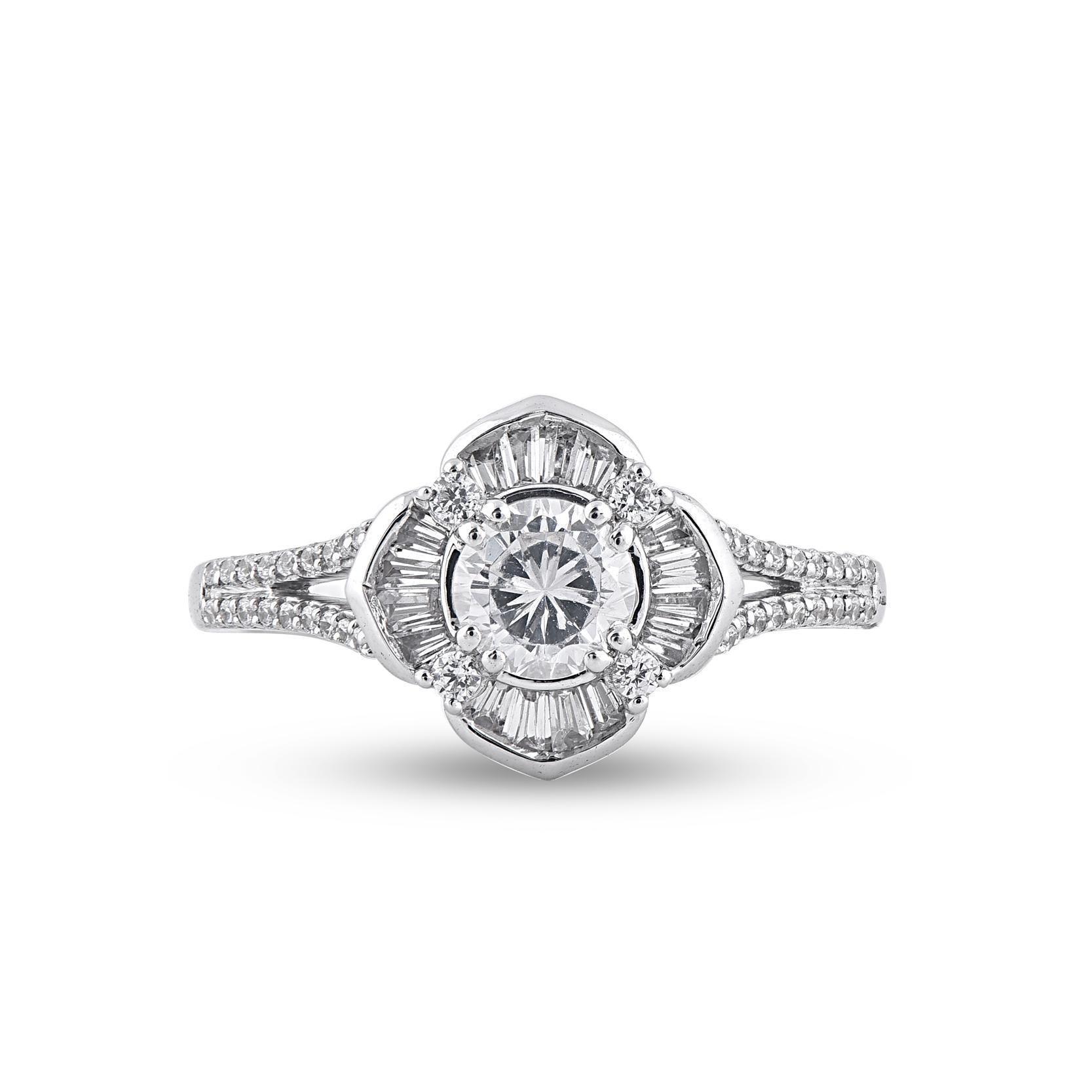 Esprimi il tuo amore per lei nel modo più classico con questo anello di fidanzamento. Splendidamente realizzato dai nostri esperti interni in oro bianco da 14 carati e impreziosito da 61 diamanti a taglio brillante, diamanti tondi a taglio singolo e