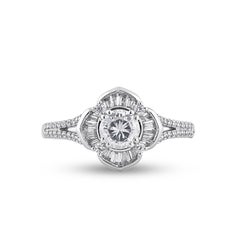 TJD 1.0 Carat Natural Round & Baguette Diamond 14KT White Gold Engagement Ring