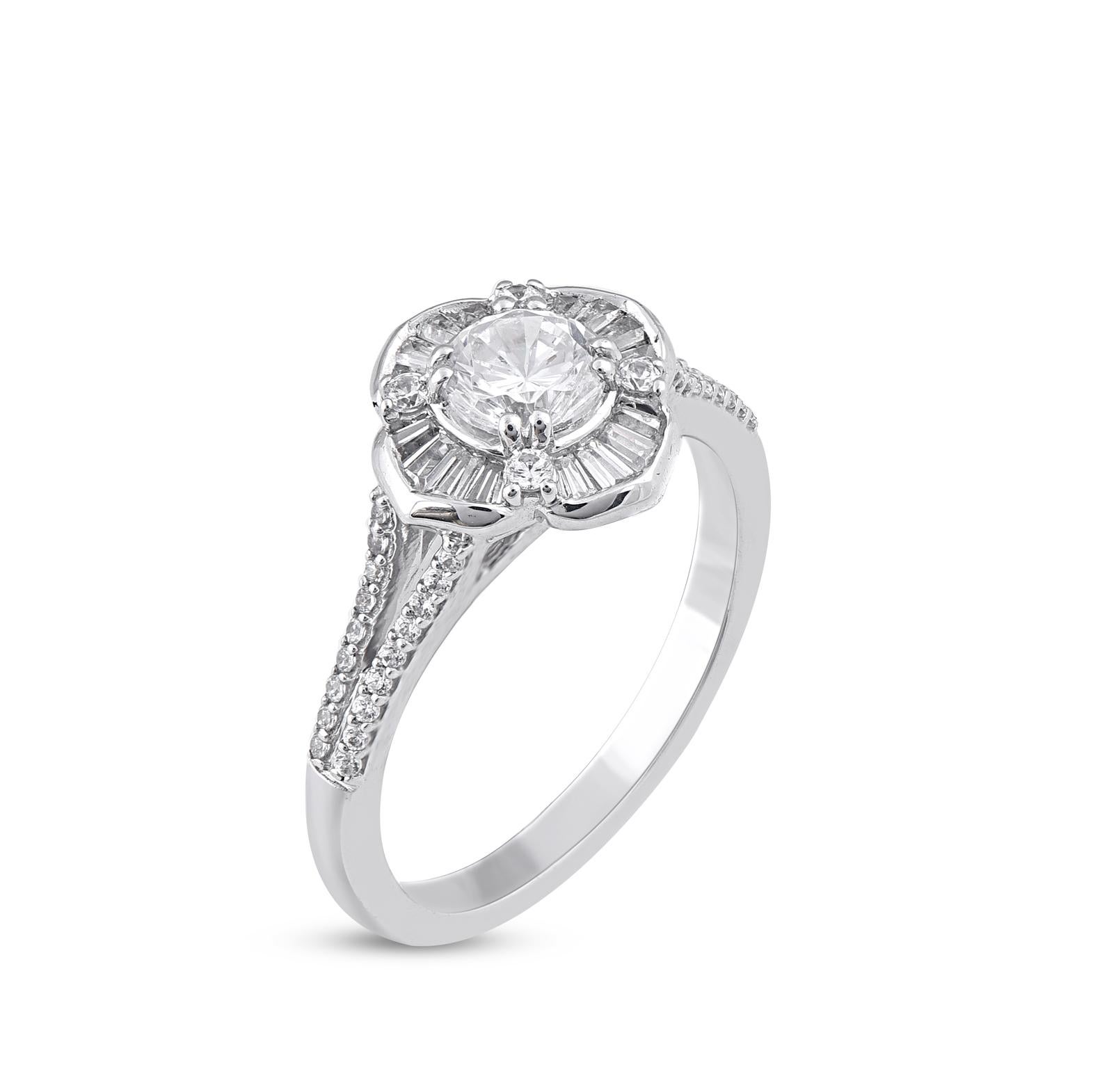 Modern TJD 1.0 Carat Natural Round & Baguette Diamond 14KT White Gold Engagement Ring For Sale