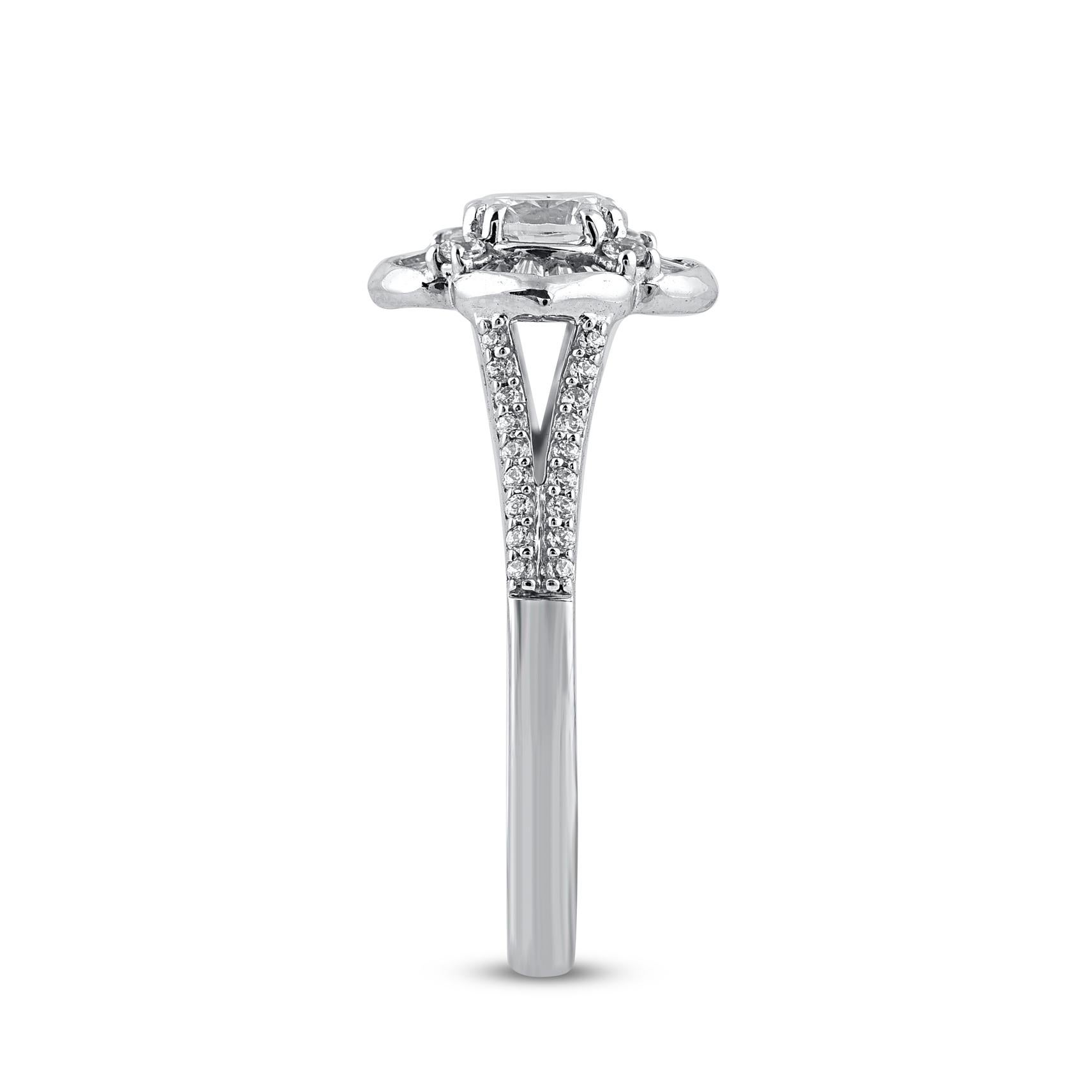 Taglio misto TJD Anello di fidanzamento in oro bianco 14KT con diamante tondo e baguette naturale da 1,0 carati in vendita