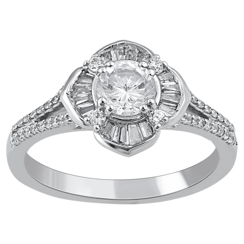 TJD 1.0 Carat Natural Round & Baguette Diamond 14KT White Gold Engagement Ring For Sale