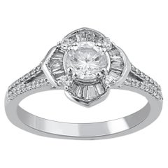 TJD 1.0 Carat Natural Round & Baguette Diamond 14KT White Gold Engagement Ring
