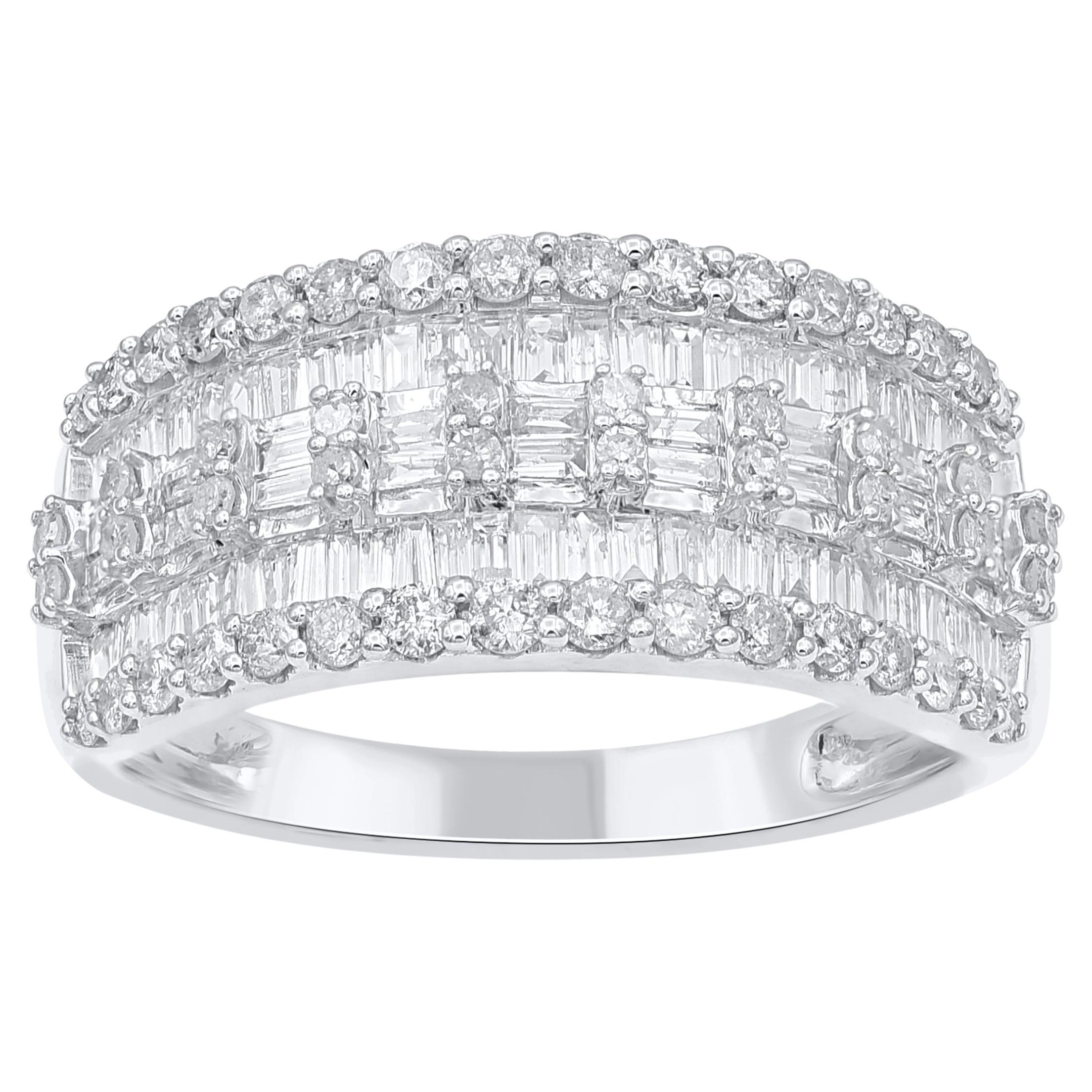 TJD 1.0 Carat Natural Round & Baguette Diamond Wedding Band Ring in 14Karat Gold For Sale