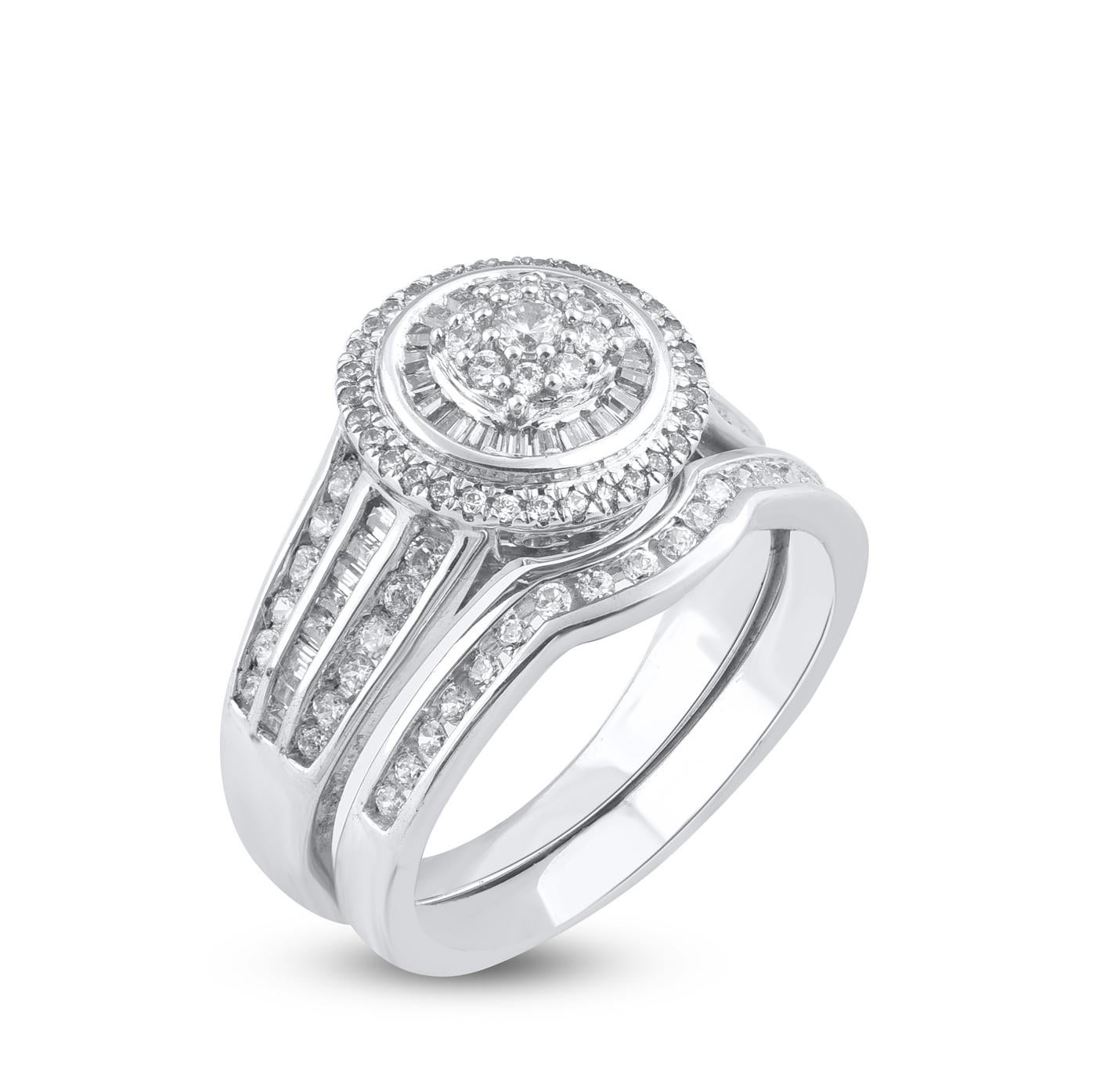 Bold and romantic, Give her a sophisticated reminder of your love with this diamond ring set. Crafted in 14 Karat white gold. This wedding ring features a sparkling 132 brilliant cut, single cut round diamonds and baguette cut diamonds beautifully