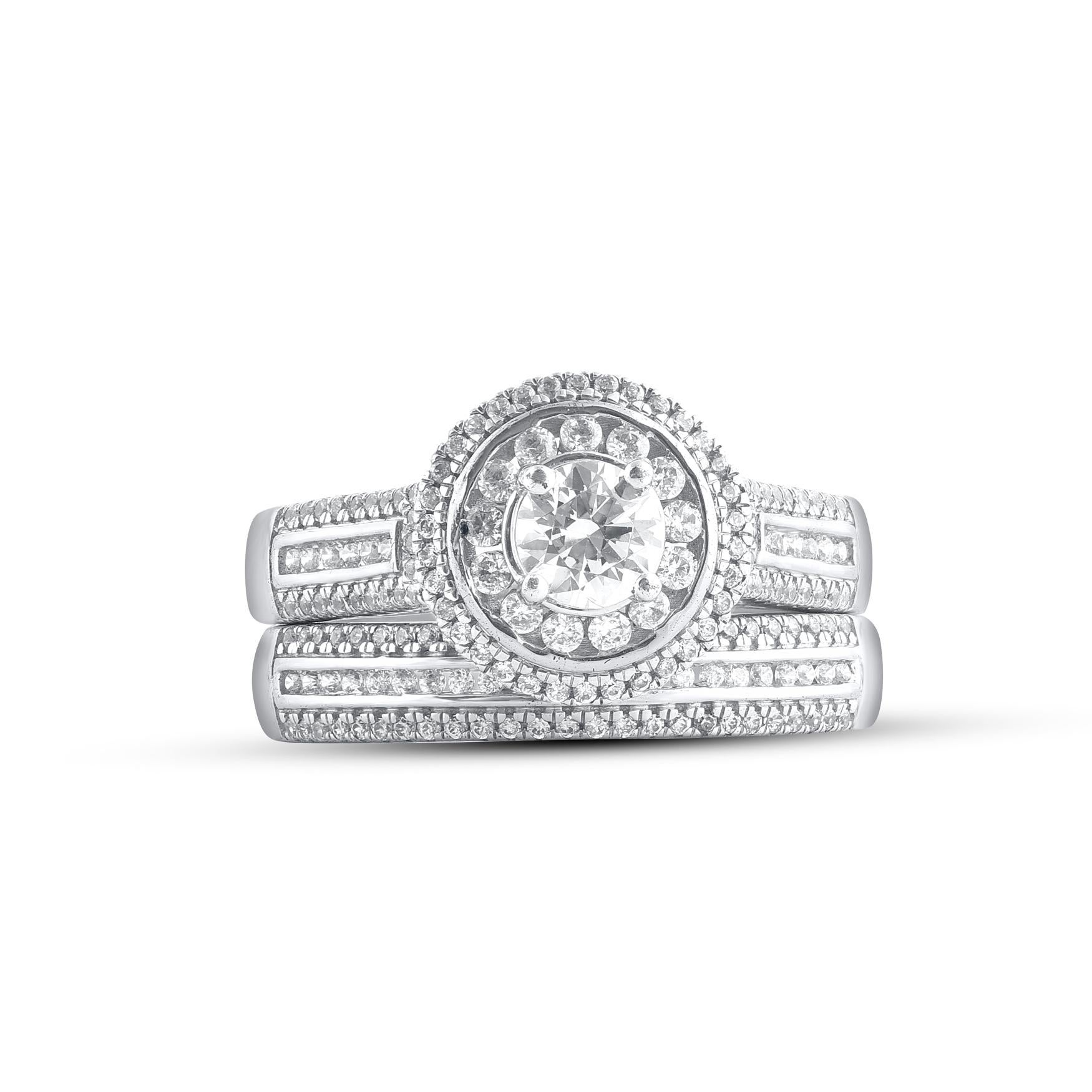 Bold and romantic, Give her a sophisticated reminder of your love with this diamond ring set. Crafted in 14 Karat white gold. This wedding ring features a sparkling 174 single cut and brilliant cut round diamonds beautifully set in prong, pave and