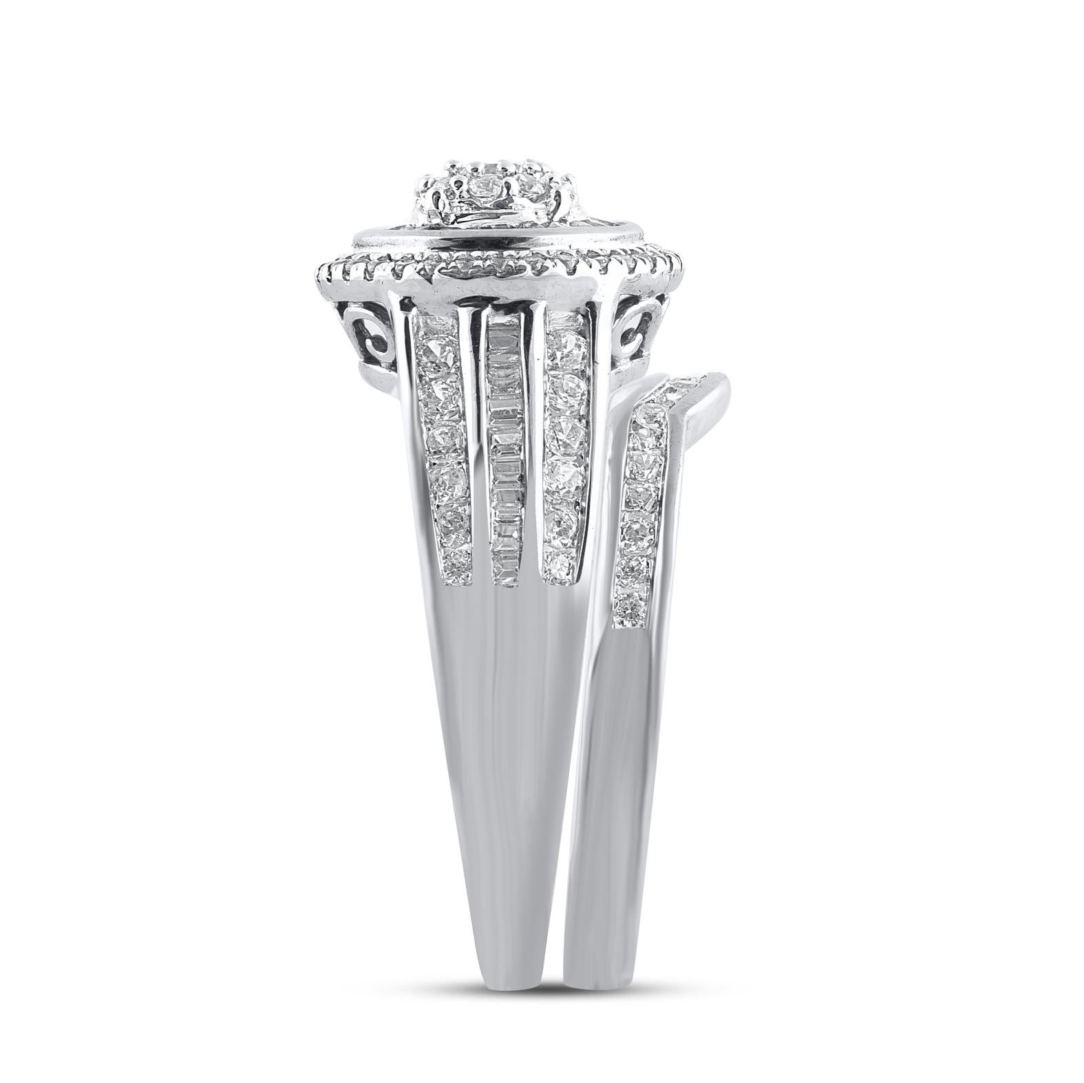 Contemporary  TJD 1.0 Carat Natural Round Cut Diamond 14 Karat White Gold Bridal Ring Set For Sale