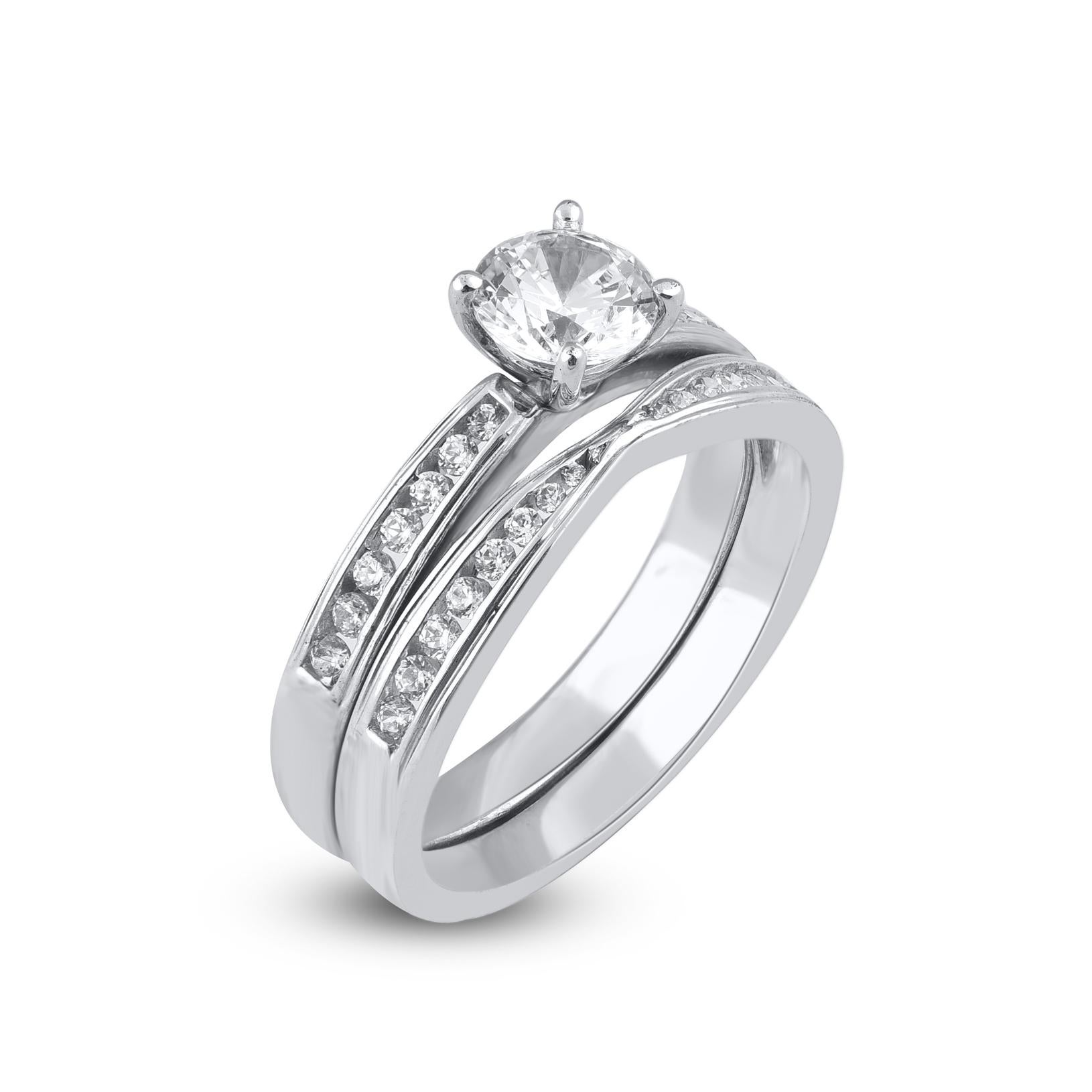 TJD 1.0 Quilates Diamante Natural de Corte Redondo Oro Blanco 14 Kilates Juego de Anillos de Novia Contemporáneo en venta