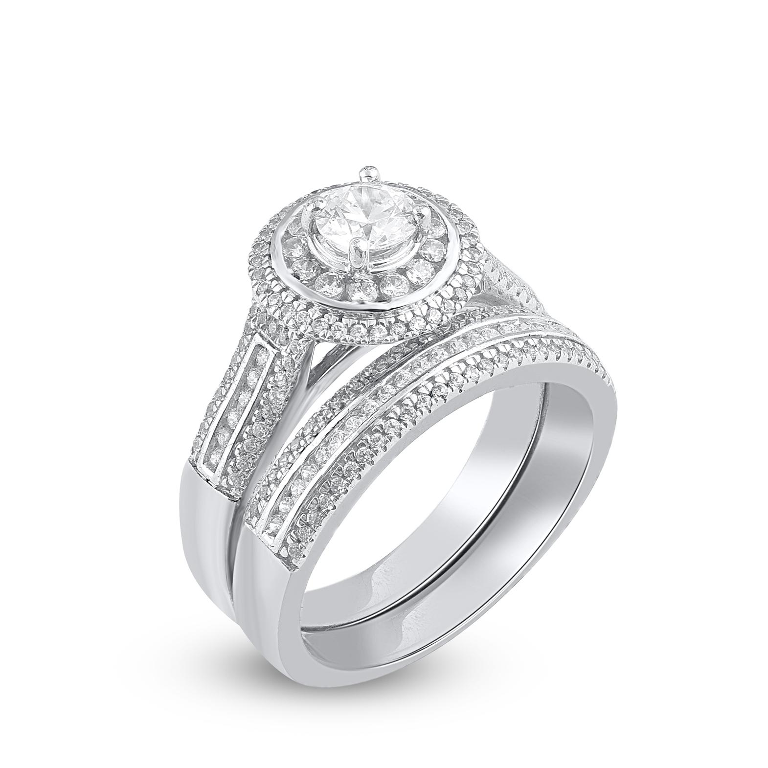 Contemporary TJD 1.0 Carat Natural Round Cut Diamond 14 Karat White Gold Bridal Ring Set For Sale