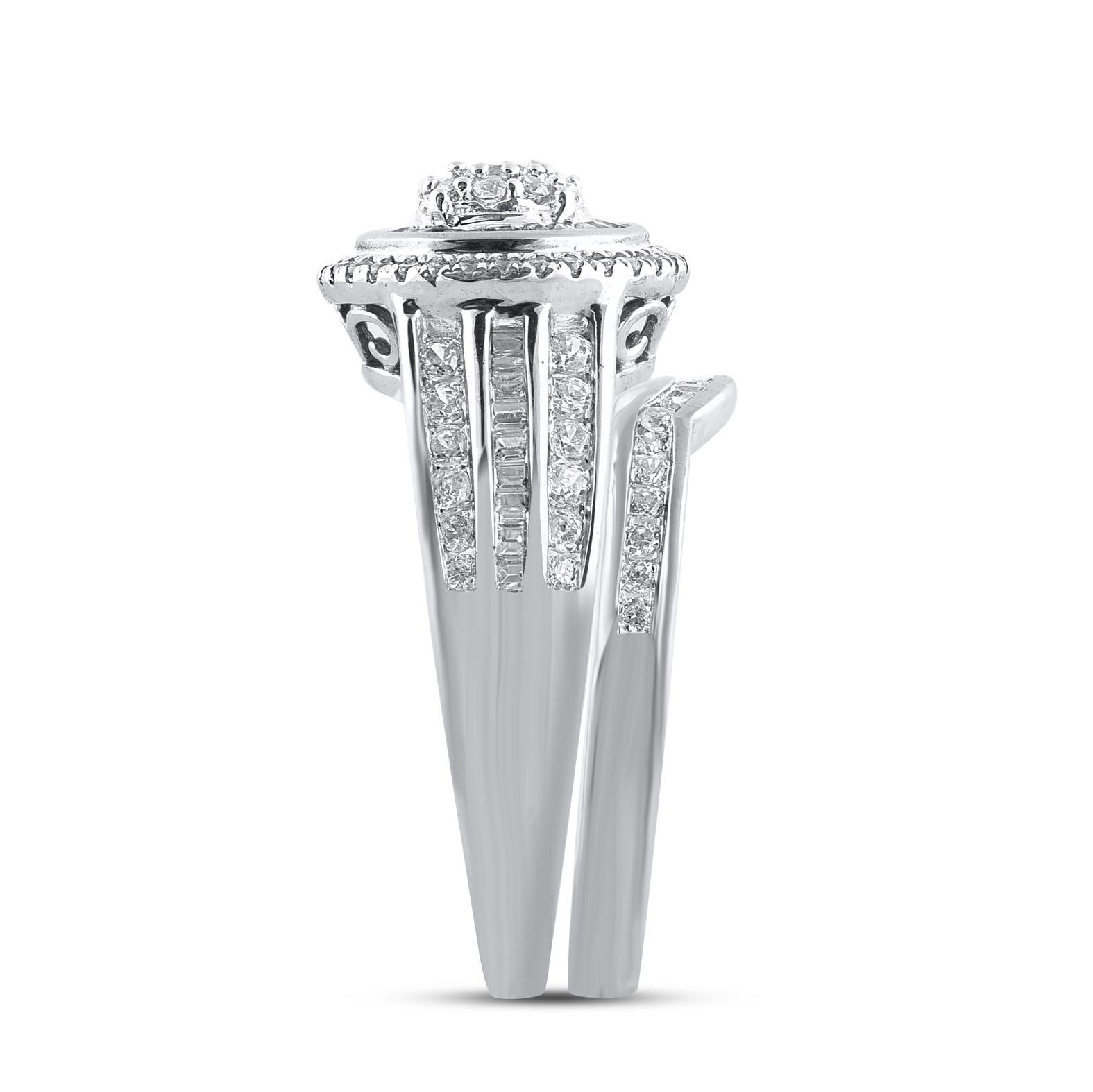 Contemporary TJD 1.0 Carat Natural Round Cut Diamond 14 Karat White Gold Bridal Ring Set For Sale