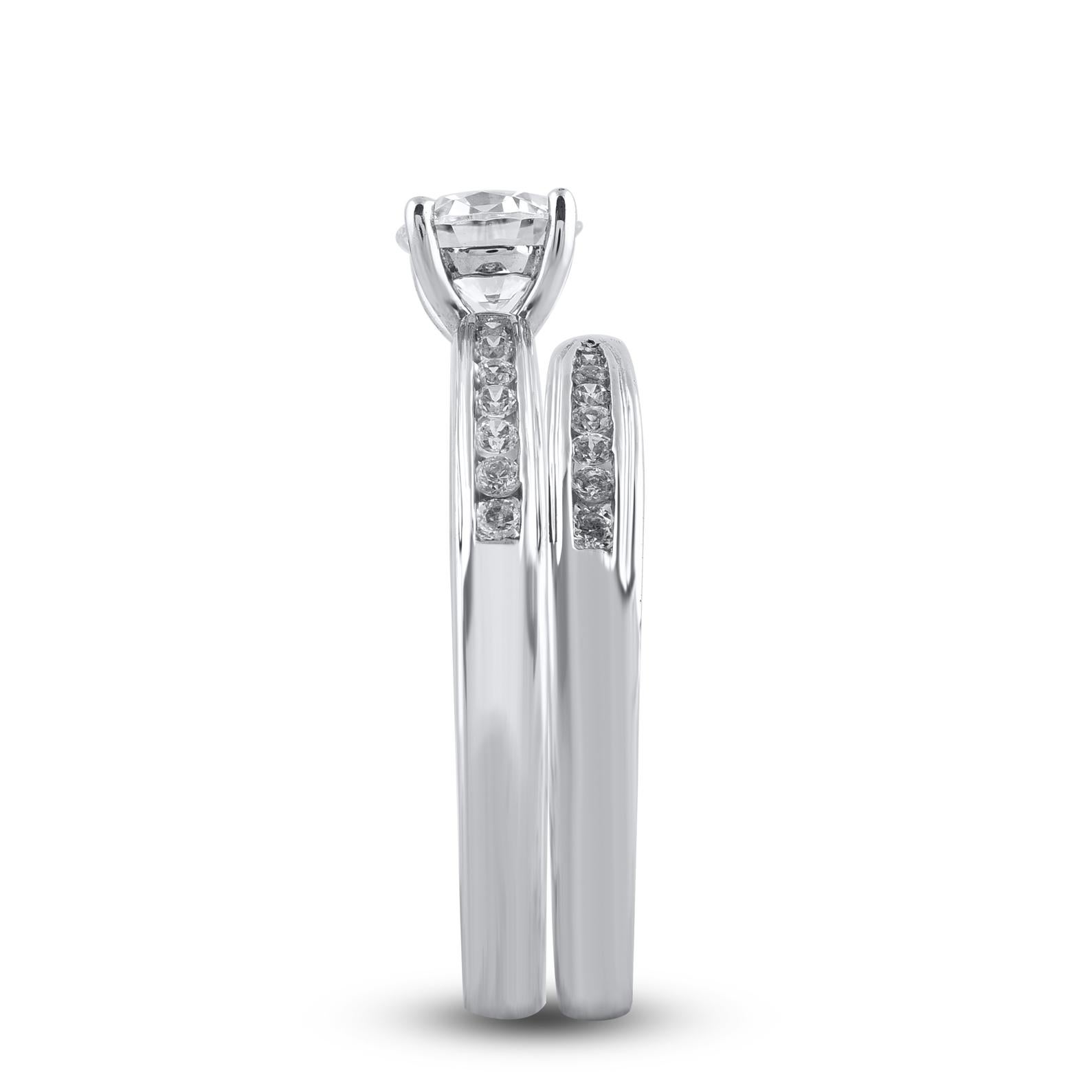 Contemporary TJD 1.0 Carat Natural Round Cut Diamond 14 Karat White Gold Bridal Ring Set For Sale