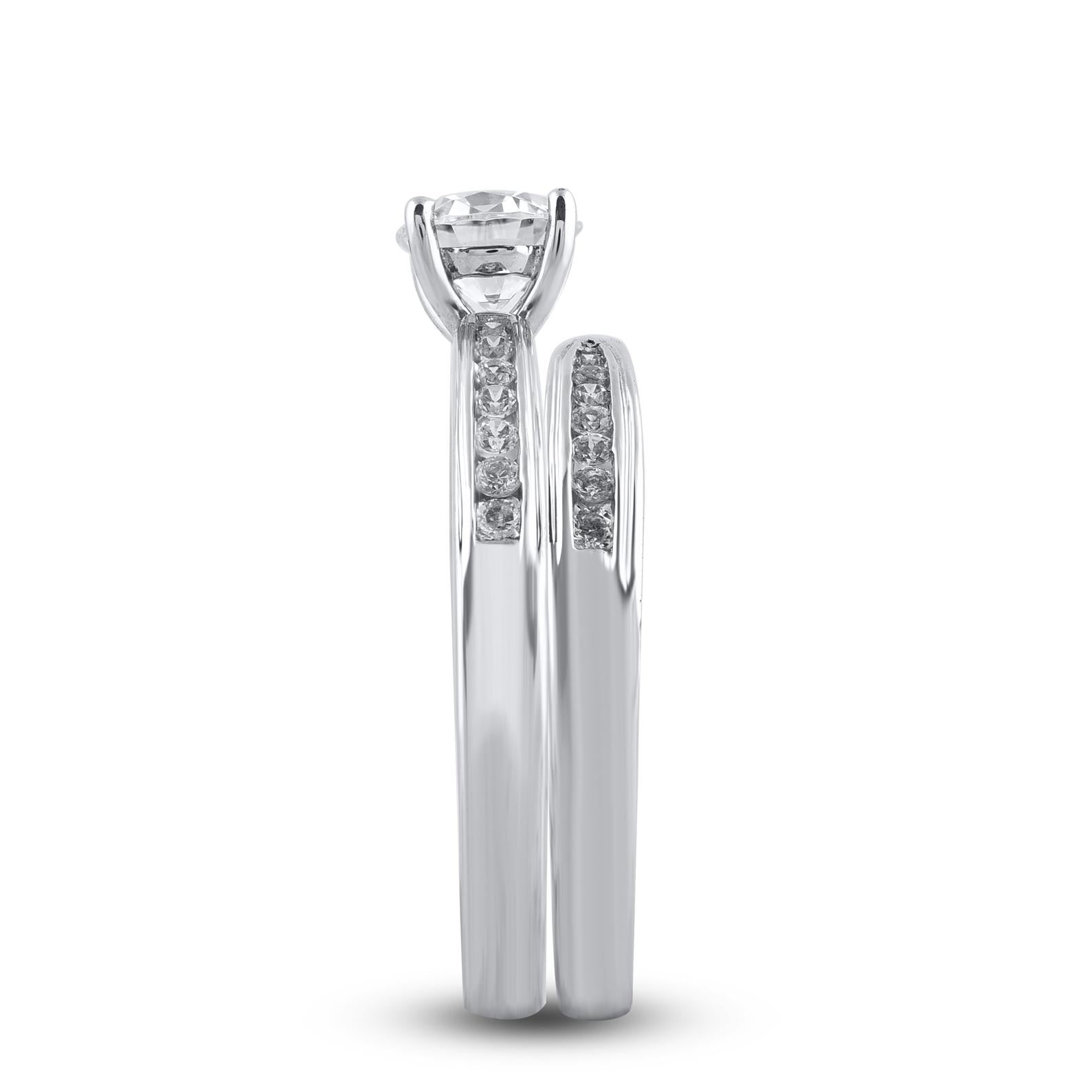 TJD 1.0 Quilates Diamante Natural de Corte Redondo Oro Blanco 14 Kilates Juego de Anillos de Novia Corte redondo en venta