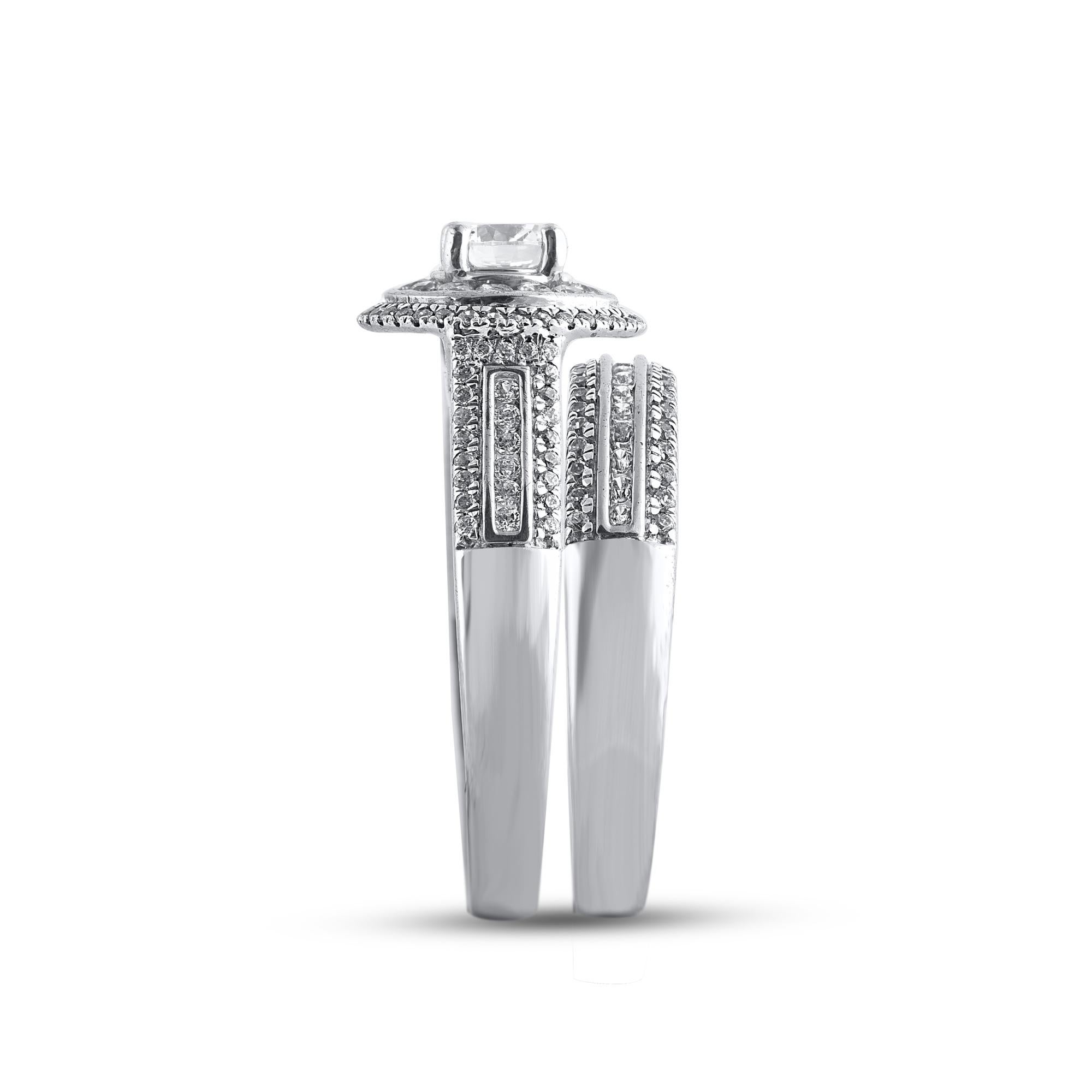TJD 1.0 Carat Natural Round Cut Diamond 14 Karat White Gold Bridal Ring Set In New Condition For Sale In New York, NY