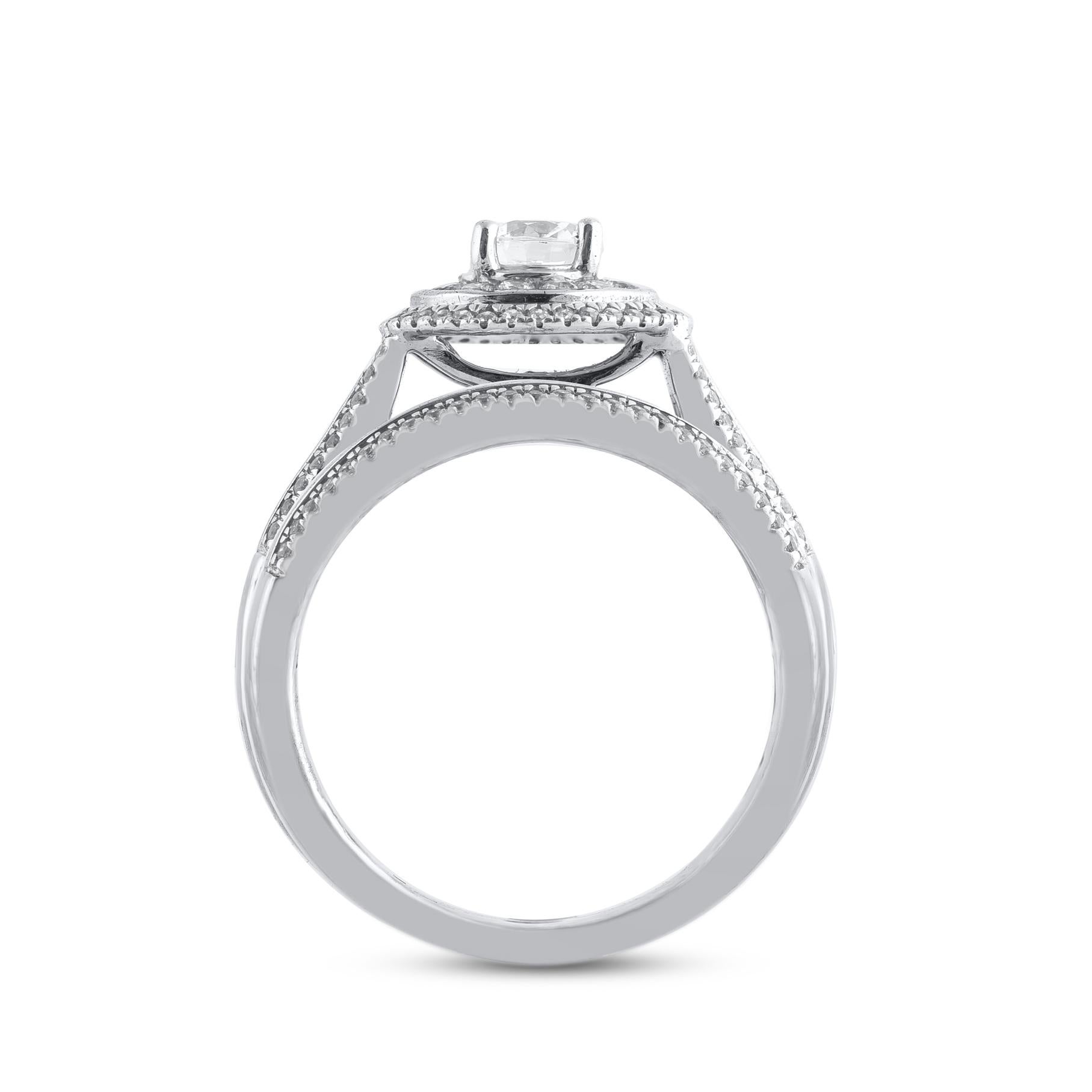 Women's TJD 1.0 Carat Natural Round Cut Diamond 14 Karat White Gold Bridal Ring Set For Sale