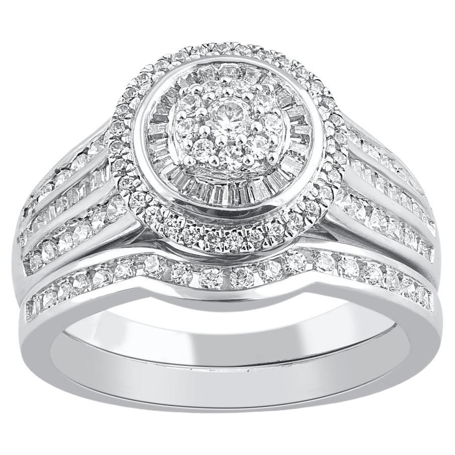  TJD 1.0 Carat Natural Round Cut Diamond 14 Karat White Gold Bridal Ring Set For Sale
