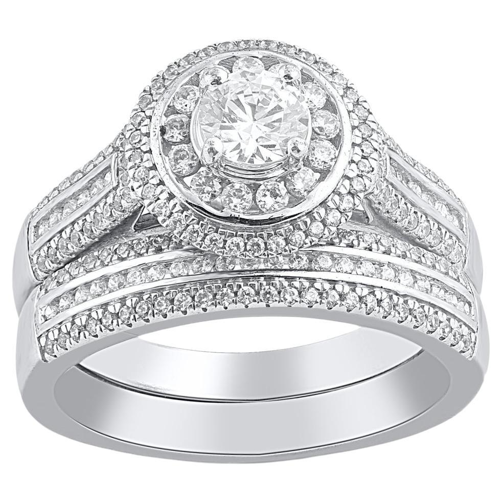 TJD 1.0 Carat Natural Round Cut Diamond 14 Karat White Gold Bridal Ring Set