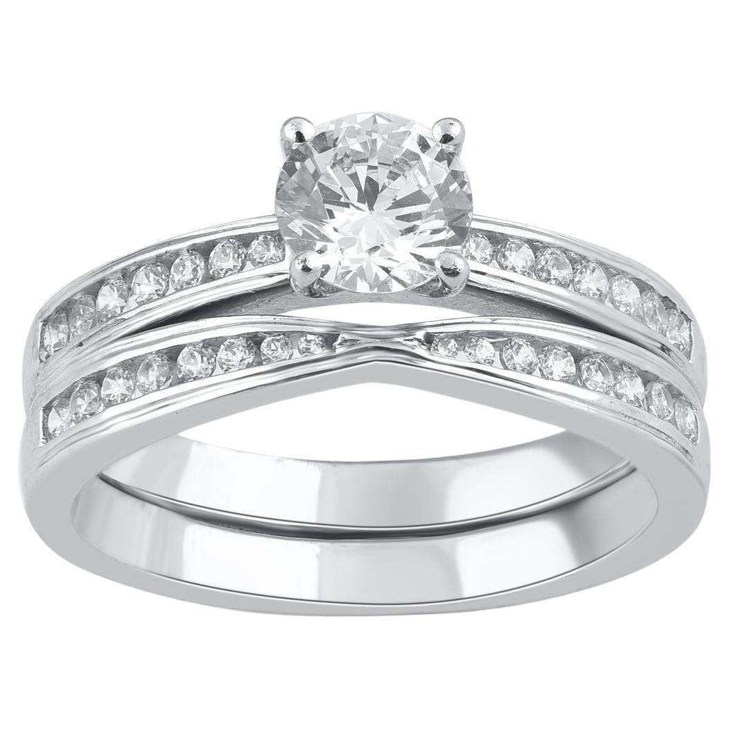 TJD 1.0 Carat Natural Round Cut Diamond 14 Karat White Gold Bridal Ring Set For Sale